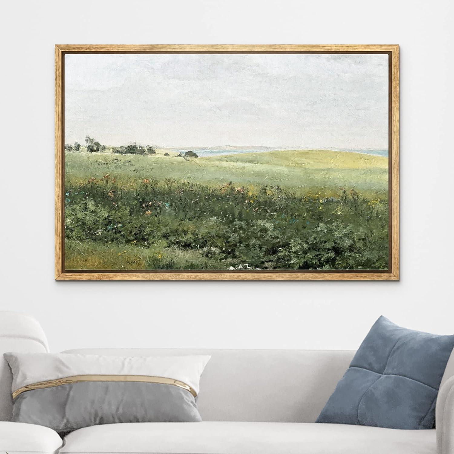 Green Meadow Hillside Wildflowers Field Nature Landscape Wall Art Framed On Canvas Painting Print