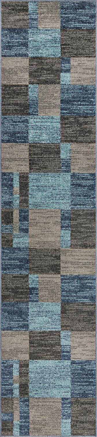 Blue Gray Geometric Stain-Resistant Runner Rug