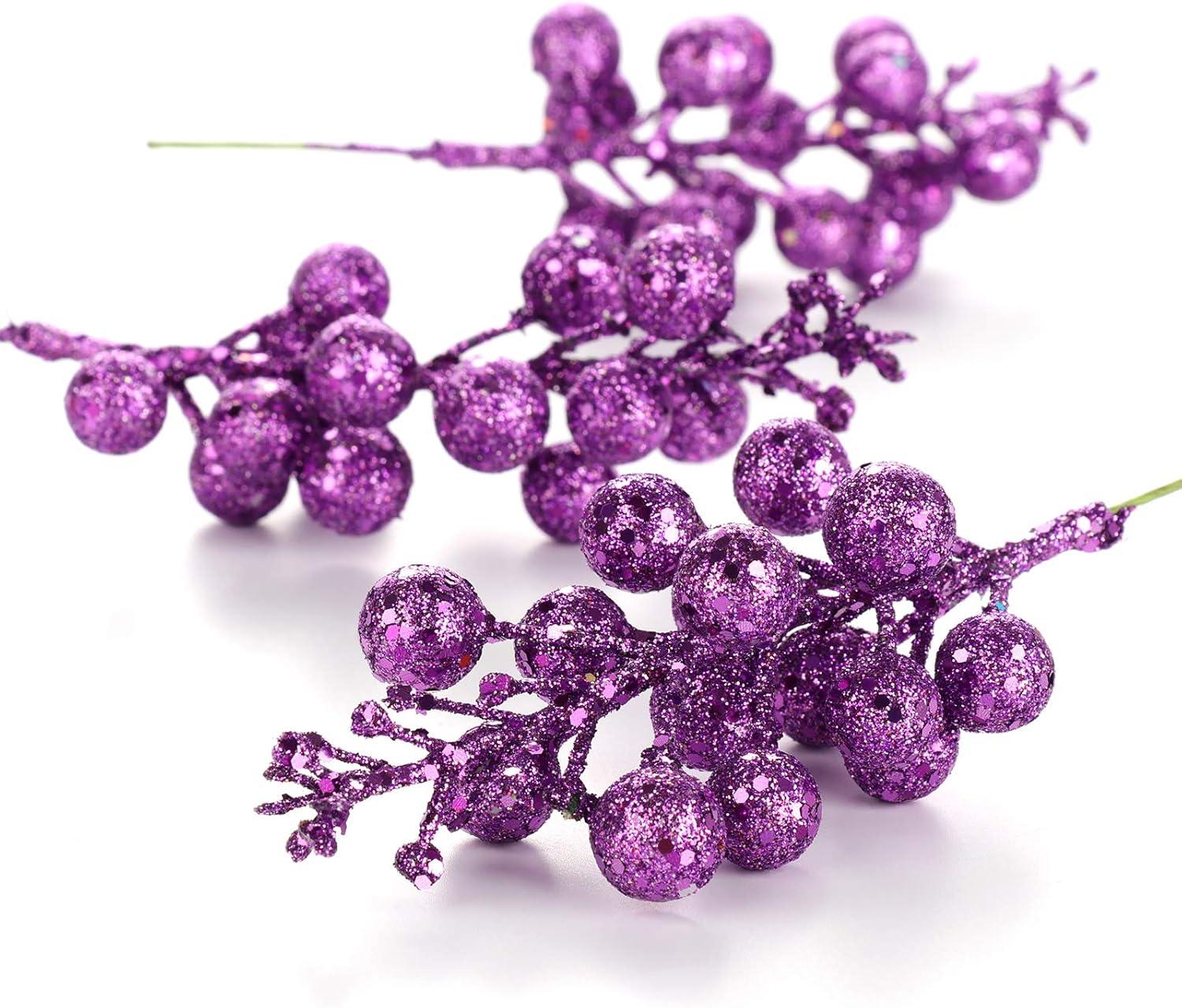Glitter Berry Stems, 12pcs Christmas Berry Picks Artificial Fruit Berry Stem Branch Christmas Tree Garland Decorations for Holiday Party Purple
