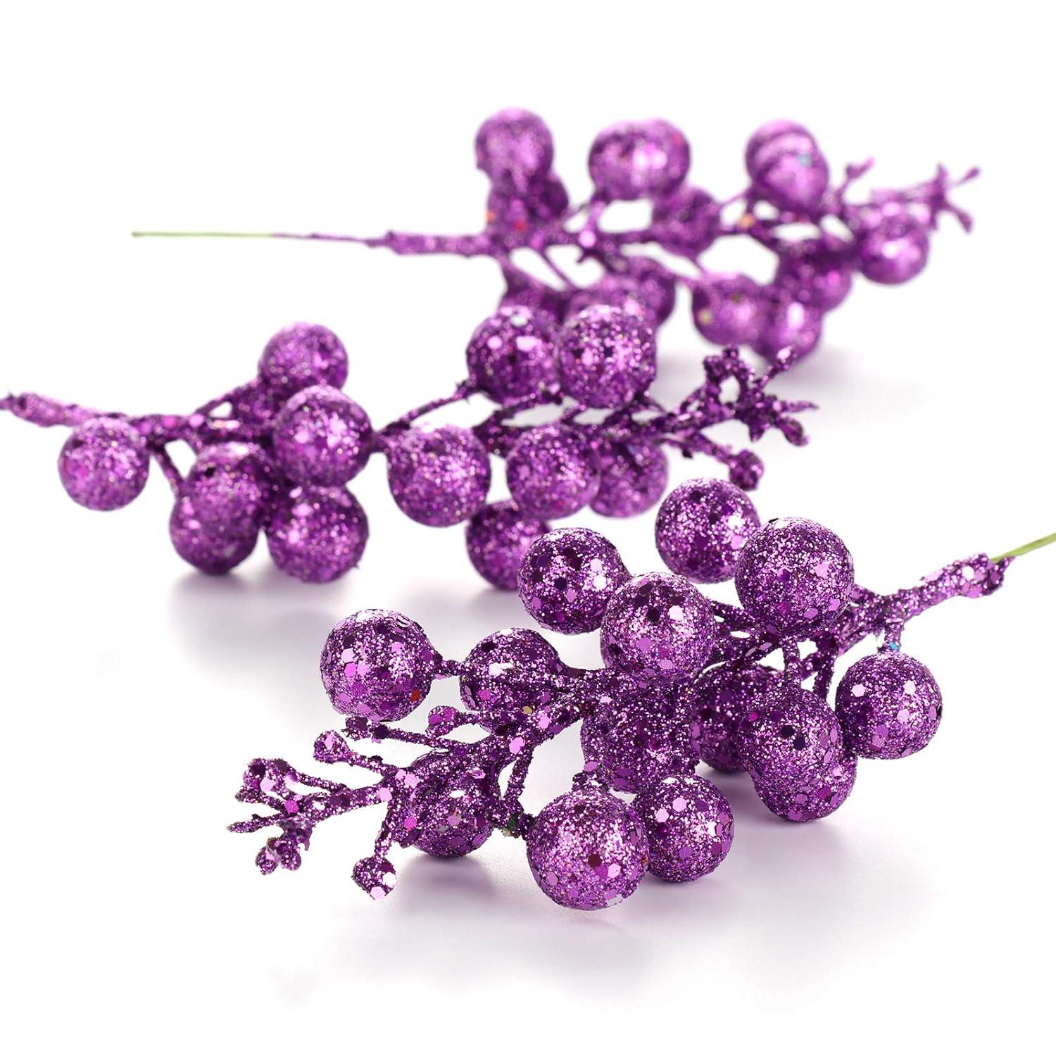 Glitter Berry Stems, 12pcs Christmas Berry Picks Artificial Fruit Berry Stem Branch Christmas Tree Garland Decorations for Holiday Party Purple