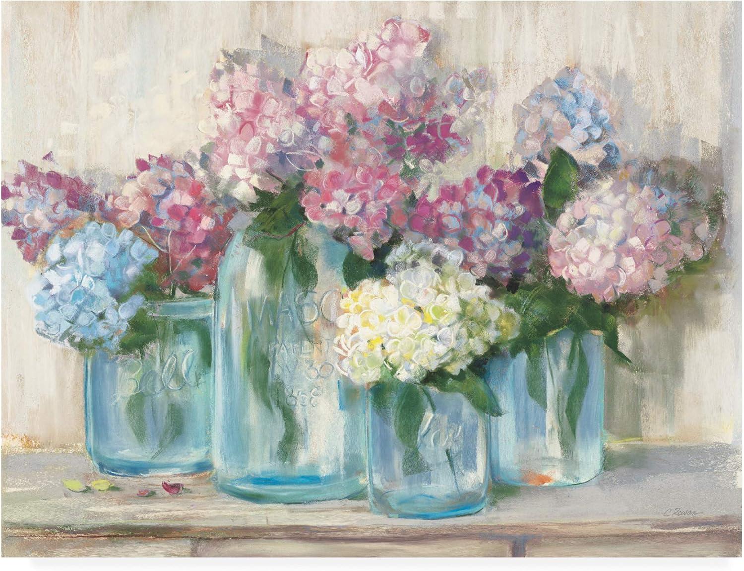 Trademark Fine Art -Carol Rowan 'Hydrangeas in Glass Jar Pastel Crop' Canvas Art