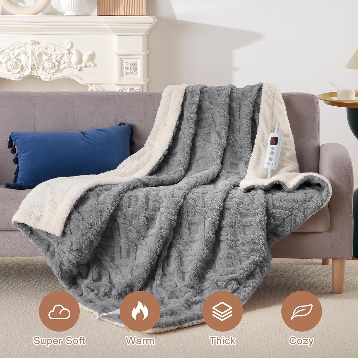 CAROMIO Heated Throw Blanket - Thick Tufted Sherpa Electric Blanket Throw with 10 Heating Levels and 10 Time Settings, ETL Certified Machine Washable Fast Heating Blanket Throw 50"×60", Grey