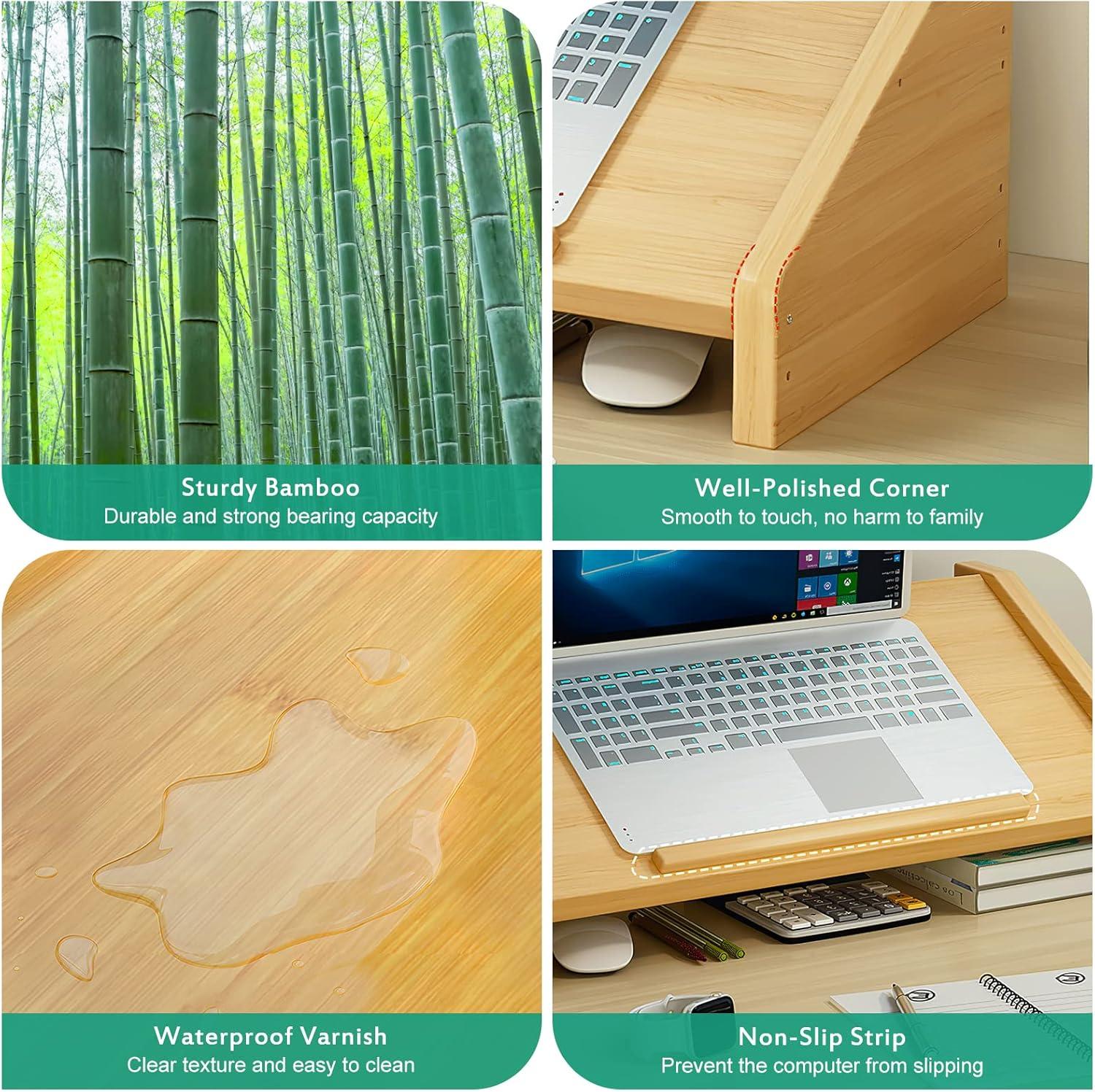 Adjustable Bamboo Laptop and Monitor Stand with Storage Shelves