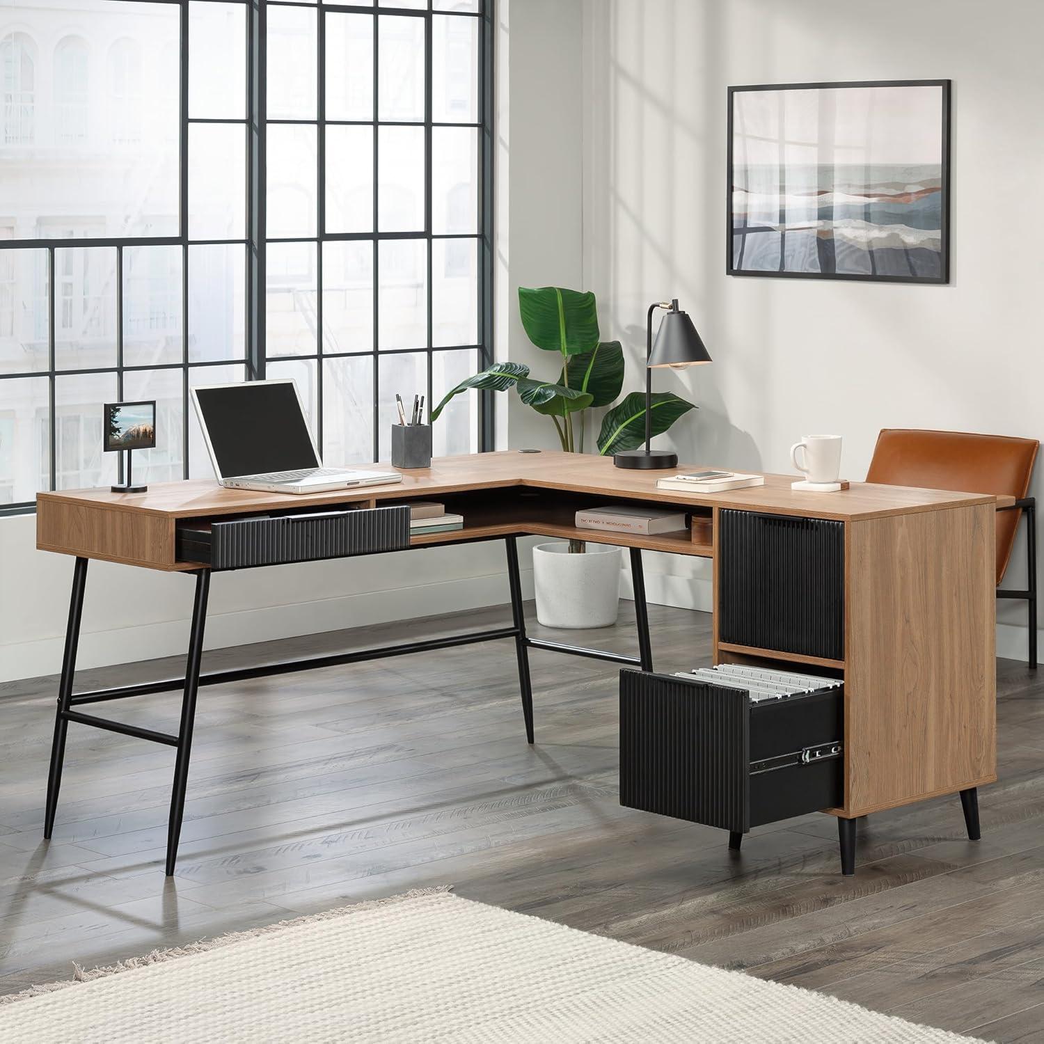 Serene Walnut L-Shaped Corner Desk with Black Drawers and Filing Cabinet