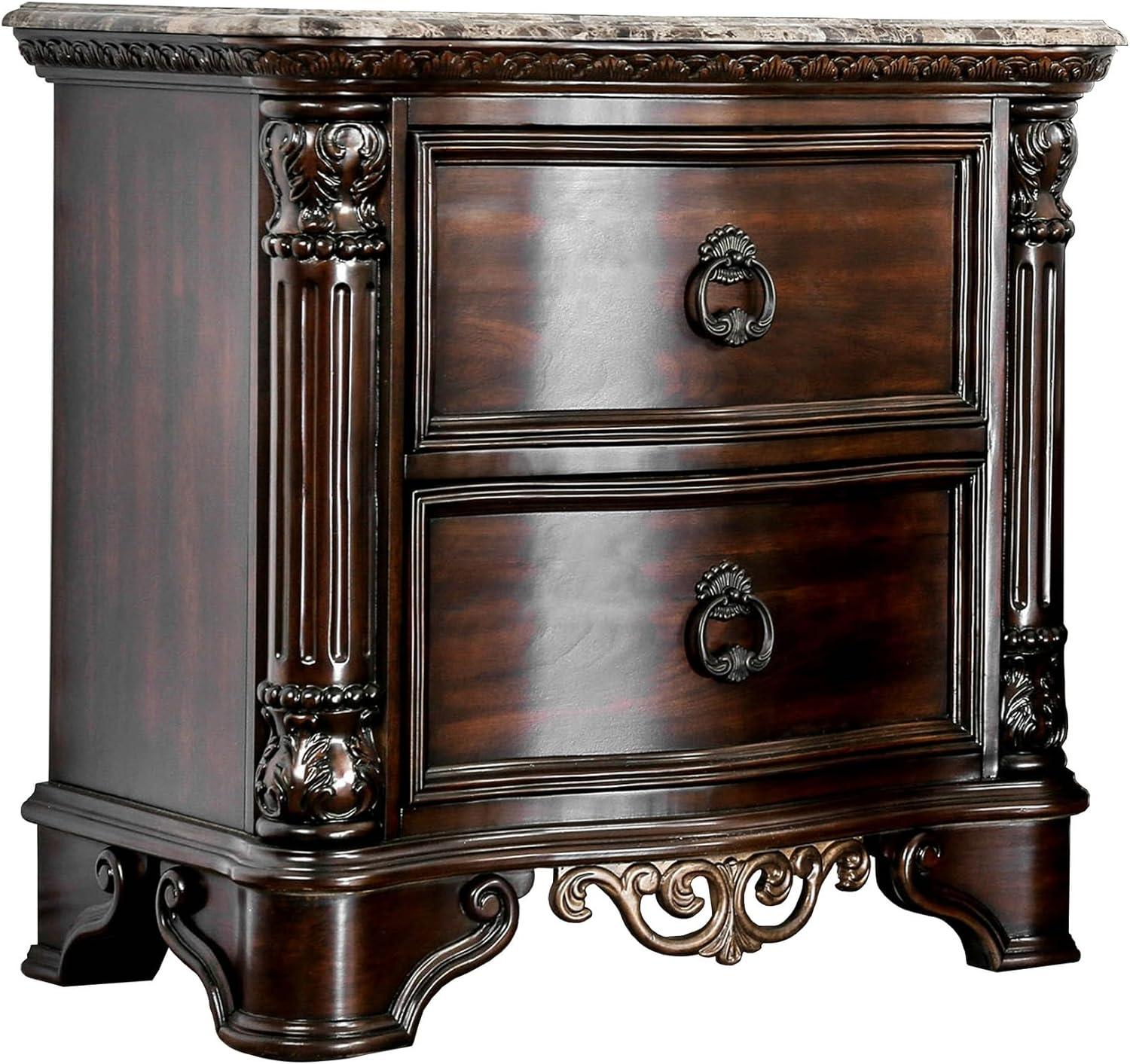 Transitional Cherry Brown Nightstand with Genuine Marble Top and Antique Drawer Pulls