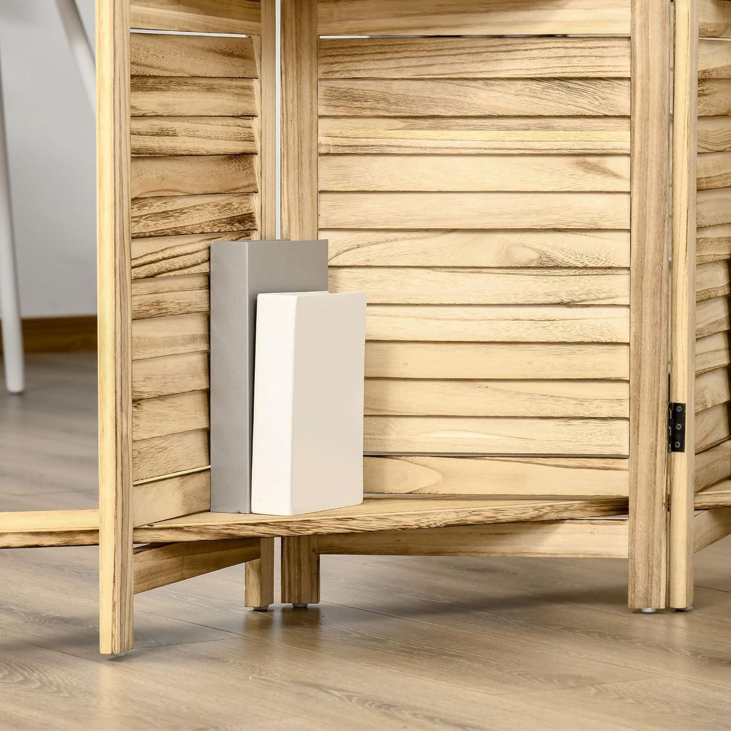 HOMCOM Room Divider, 4 Panel 67" Tall Wood Privacy Screen with 3 Display Shelves, and Folding Storage for Bedroom or Home Office, Natural Wood Color