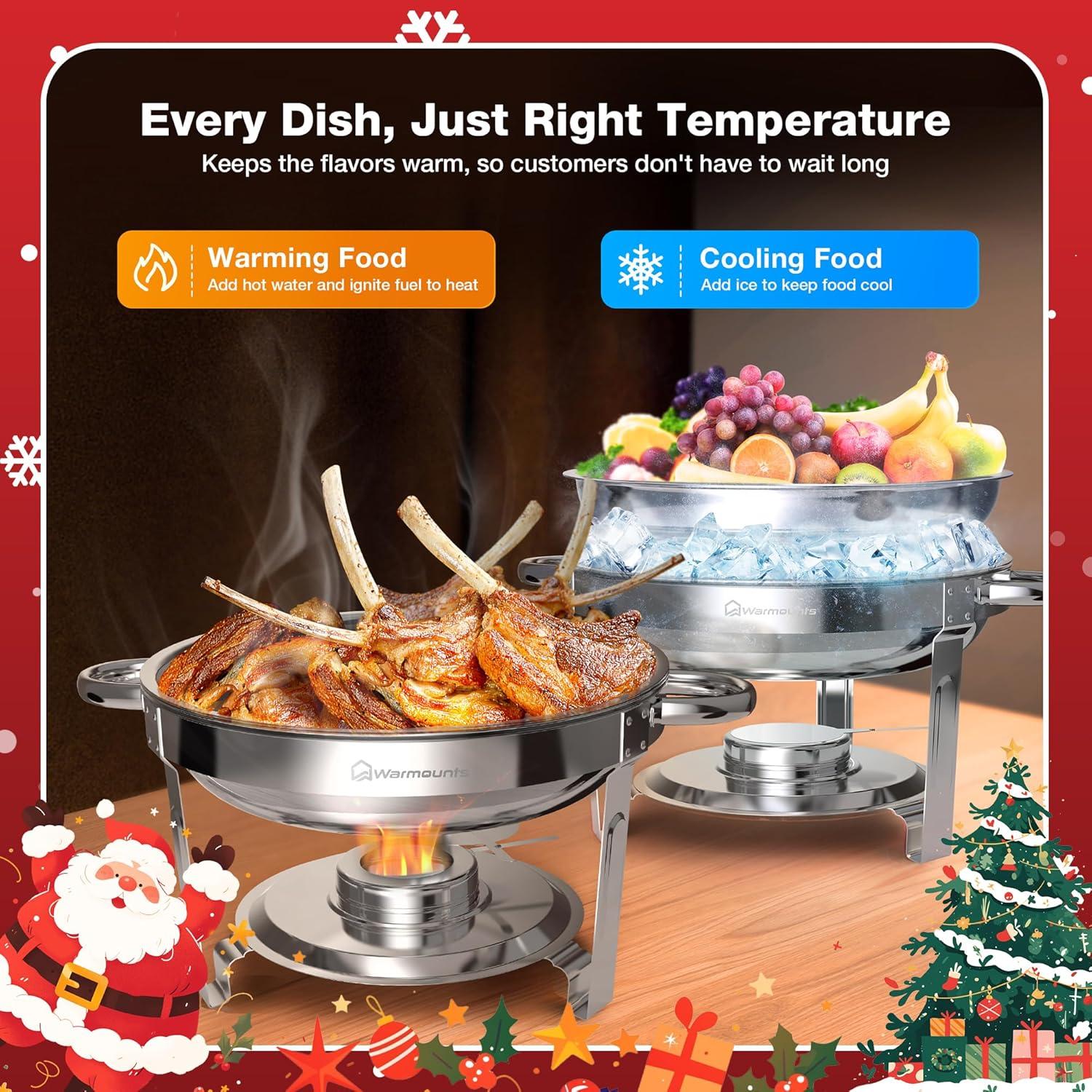 Warmounts 5QT  4-Pack Round Chafing Dish Buffet Set Food Warmer with Glass Lids & Holders