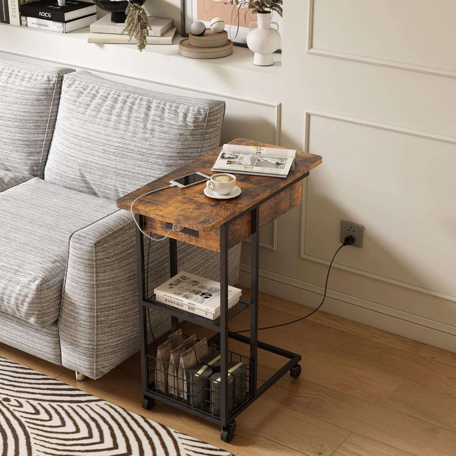 Rustic Brown C-Shaped End Table with Charging Station