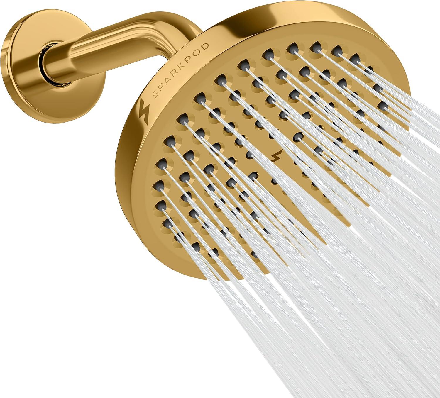 SparkPod 6" Rain Shower Head with 6" Shower Arm - High Pressure Rain - Luxury Modern Look - No Hassle Tool-less 1-Min Installation - Water Saving Shower Head - Luxury Spa Experience (Egyptian Gold)