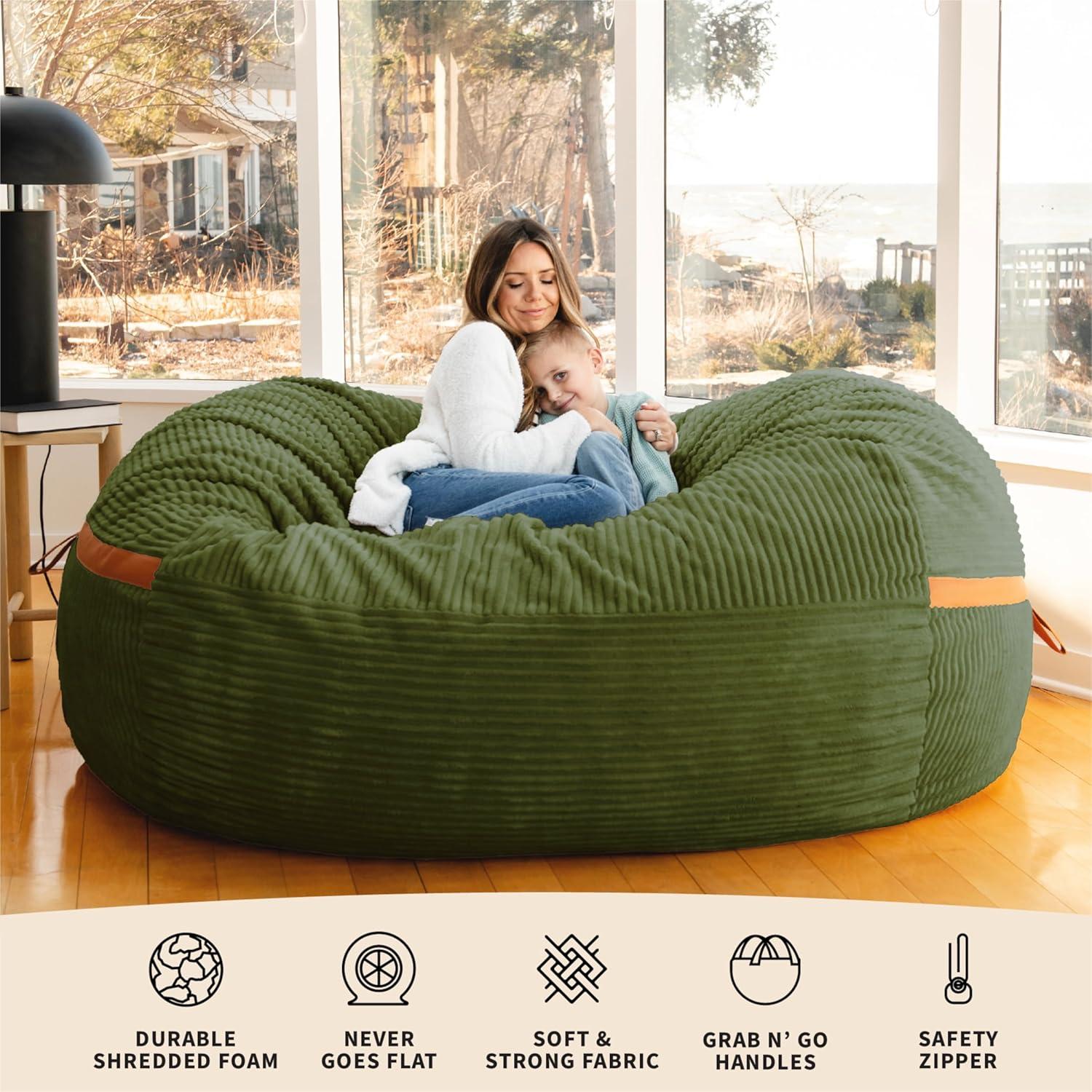 Big Joe Foam Filled Bean Bag Chair with Removable Cover, Corded Plush, Vegan Leather Accents, Medium to XXL Size