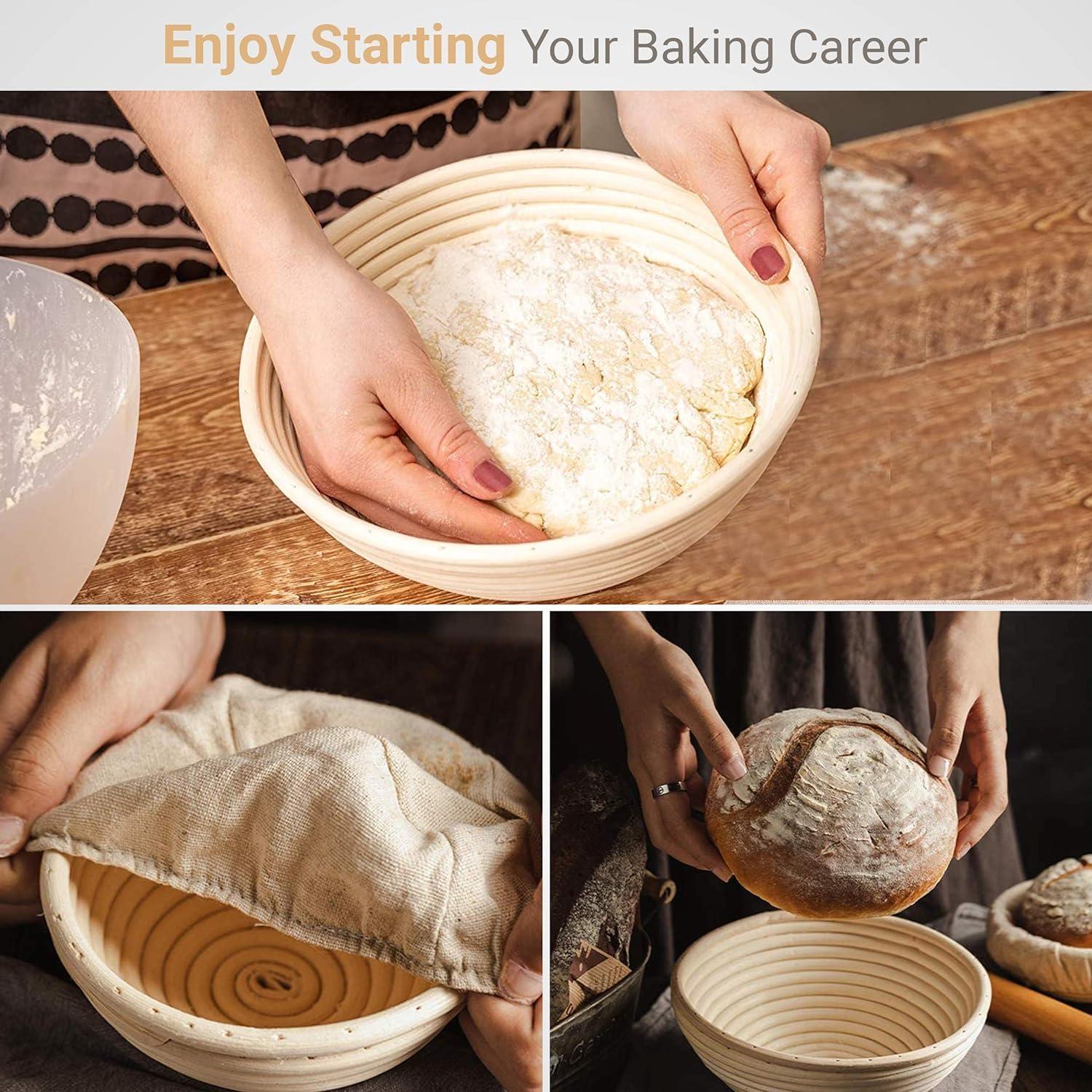 Bread Proofing Banneton Set - 9 Inch Round Natural Rattan Basket With Linen Liner Cloth and Sourdough Scraper Tool - Ideal Gift for Professional or Home Bakers