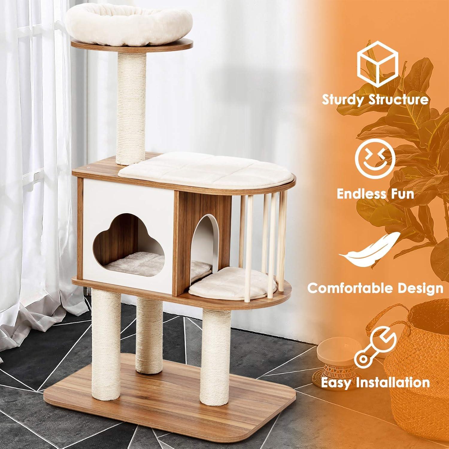 Costway 46'' Modern Wooden Cat Tree with Platform & Washable Cushions for Kittens & Cats