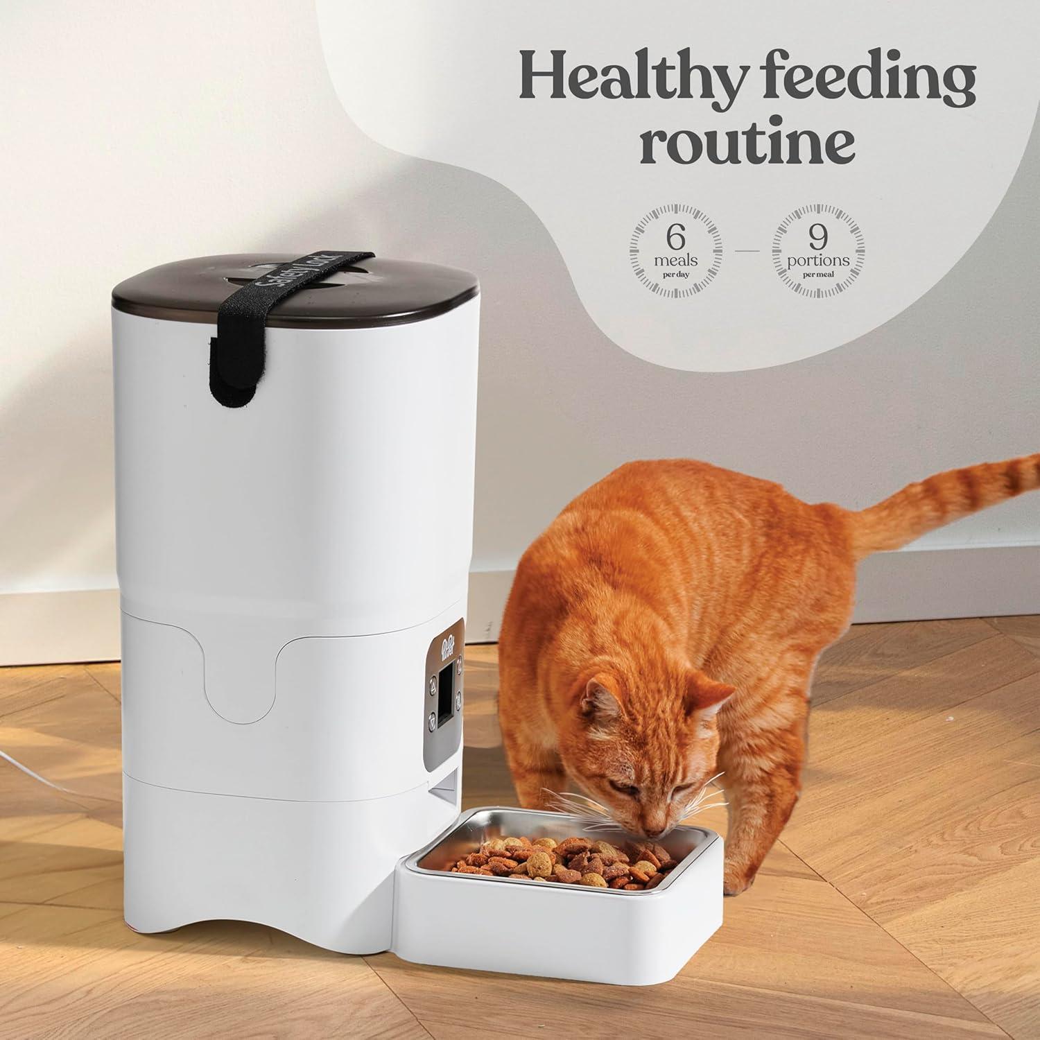 Smart Automatic Cat Feeder - 6-L Reliable Automatic Cat Food Dispenser with Display LCD Screen for Easy Set Up -Portion Control Automatic Dog Feeder - Desiccant Bag Keeps Dry Food Fresh-Voice Recorder