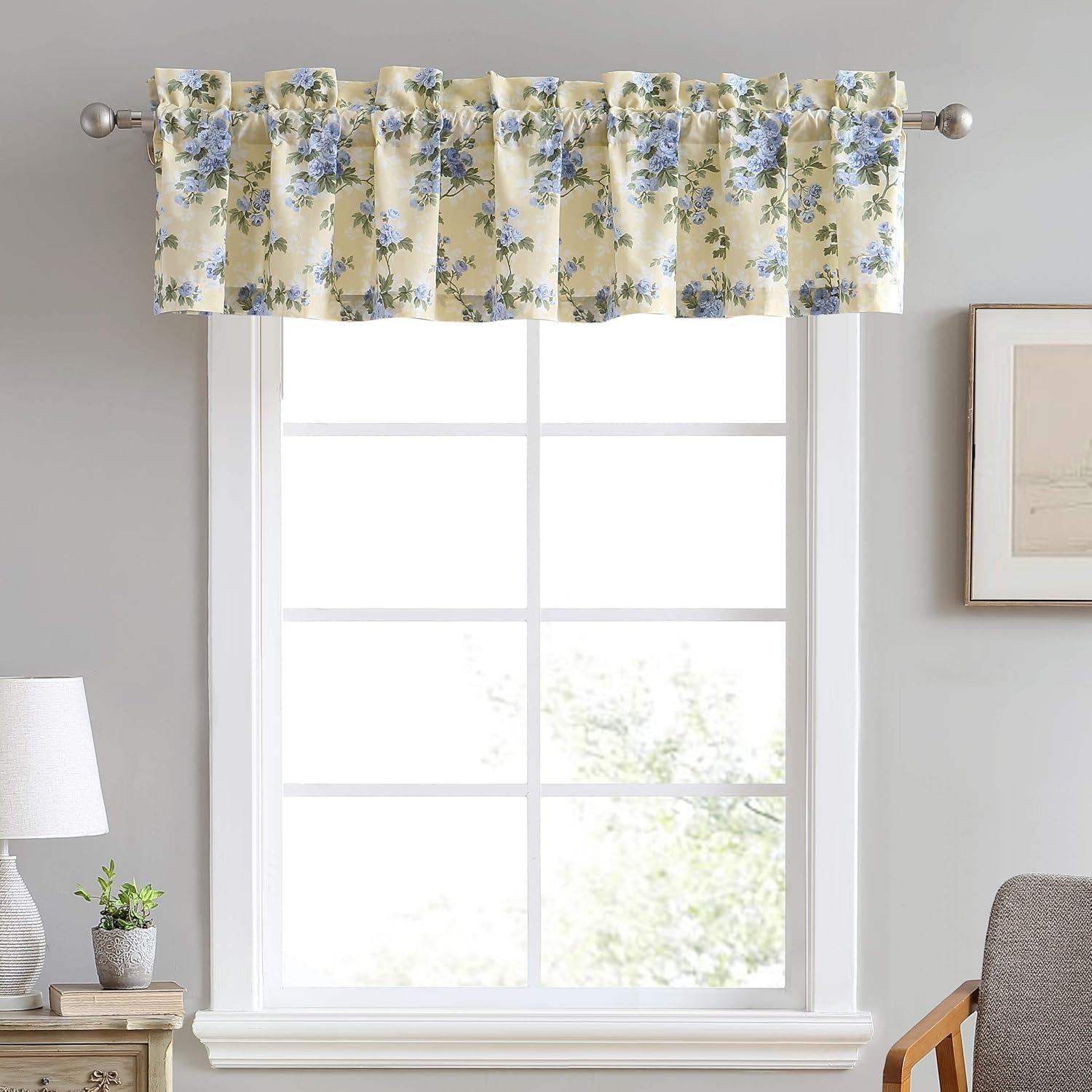 Cassidy Floral Cotton Ruffled 86" Window Valance in Yellow/Blue