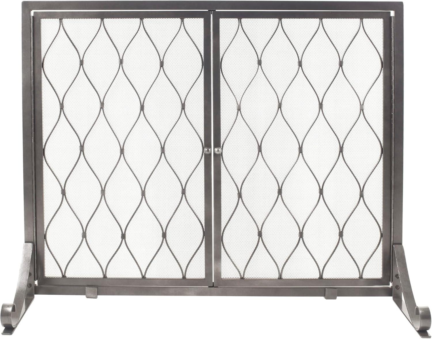 Gun Metal Steel Single Panel Fireplace Screen with Geometric Pattern