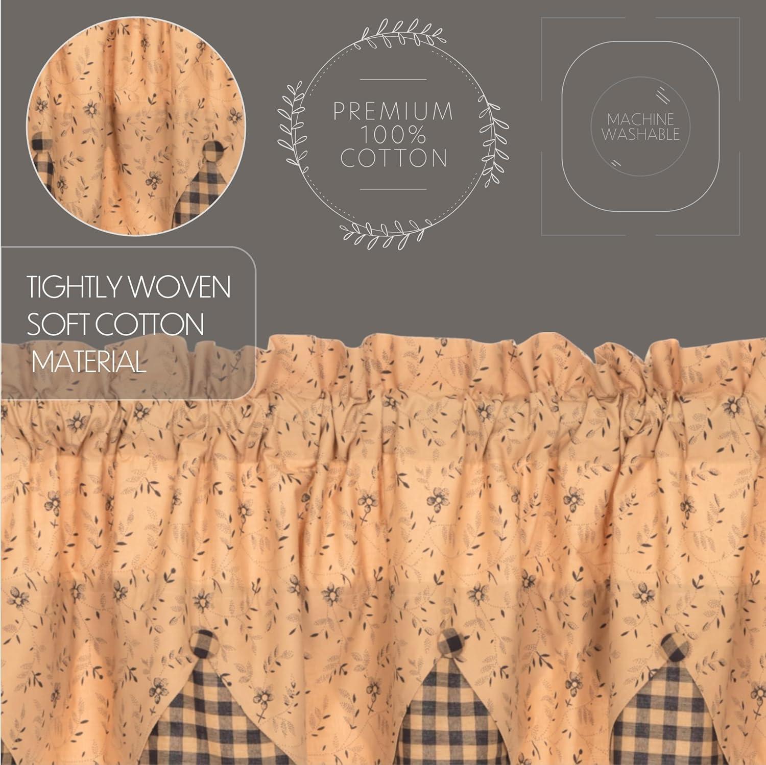VHC Brands Maisie Primitive 18"x60" Valance Tan Rod Pocket Buttons Cotton Floral/Flower Hanging Loops Kitchen Window Curtains