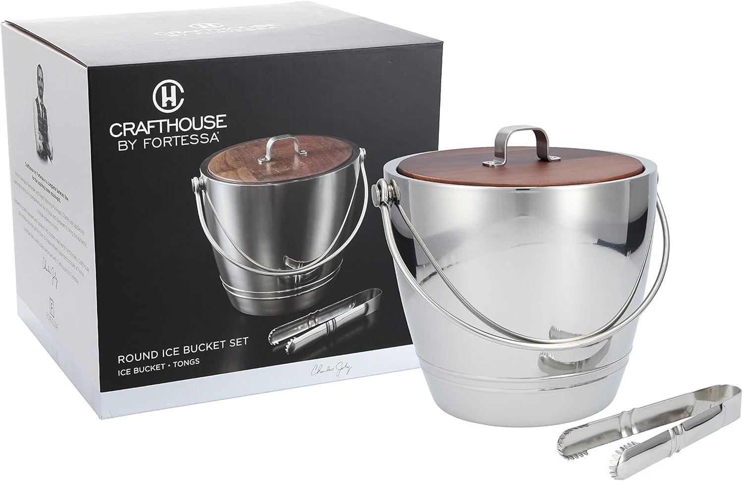 Stainless Steel Ice Bucket with Wooden Lid and Tongs