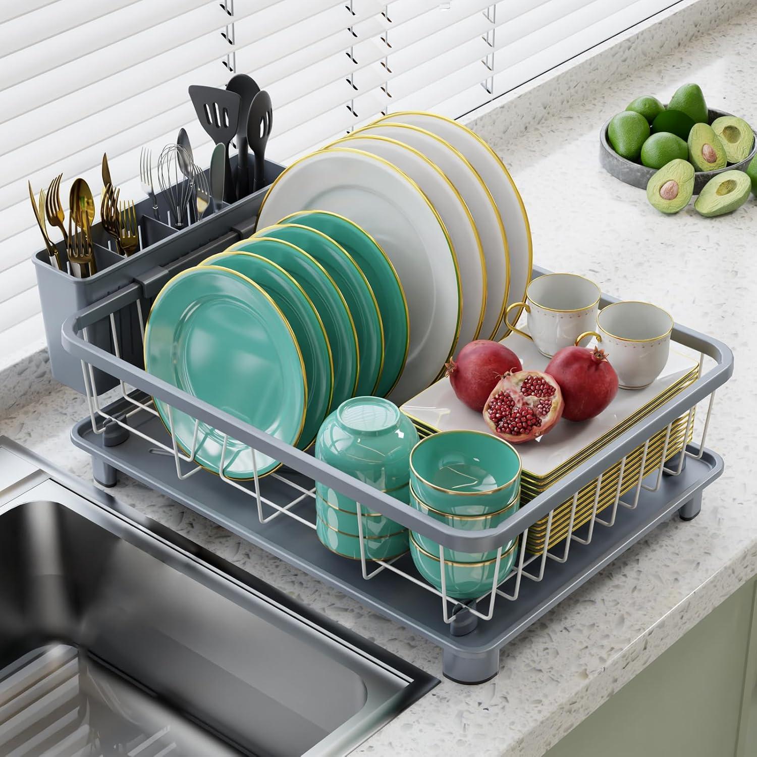 iSPECLE Dish Drying Rack with Drainboard - Dish Racks for Kitchen Counter, Rust-Resistant Compact Dish Drainer with Utensil Holder, Drain Spout and High Feet on Drip Tray, Black