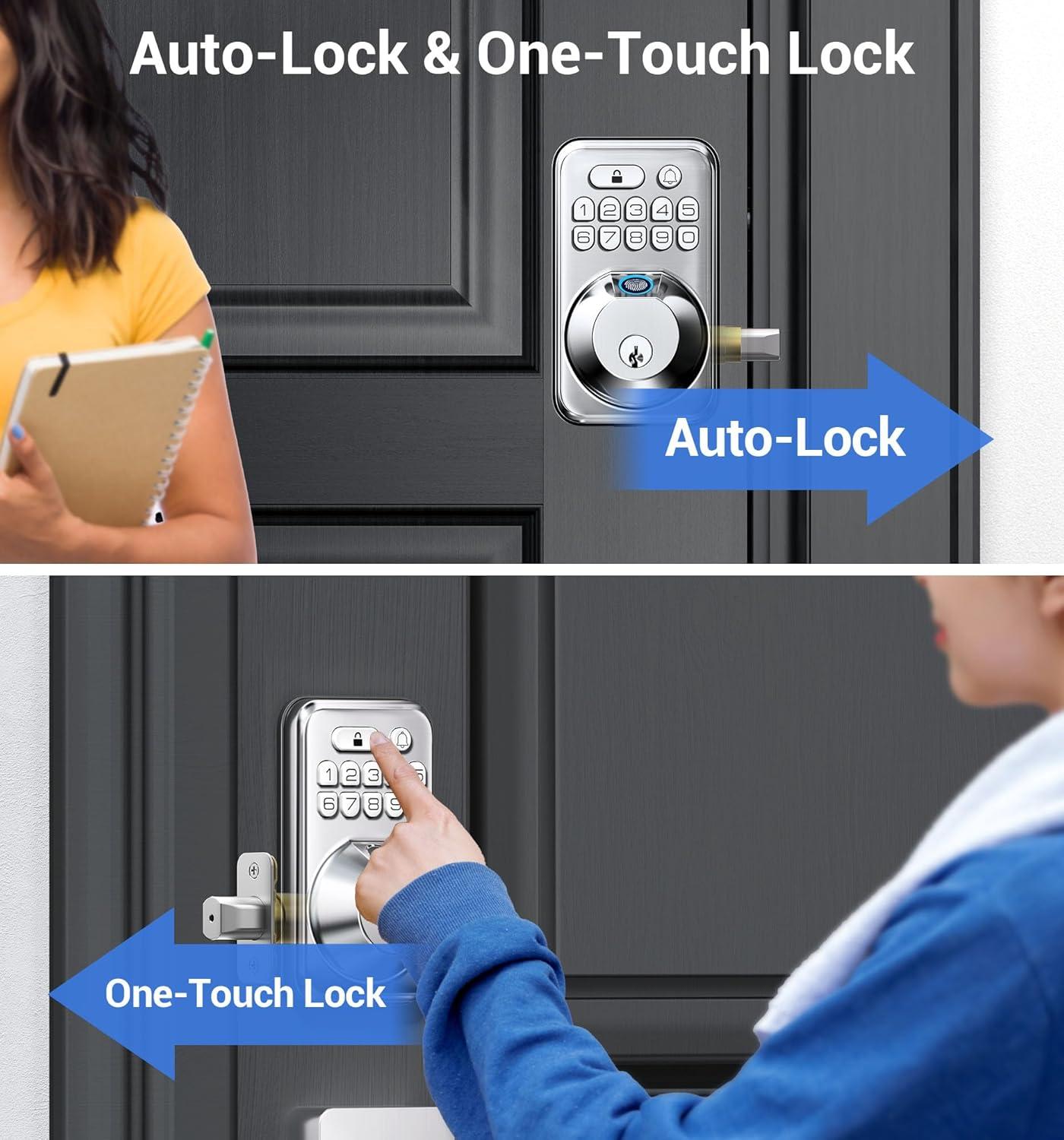 TEEHO Fingerpint Keyless Entry Keypad, Smart Digital Deadbolt Door Lock for Front Door, Remotely Share Temporary PIN Code, Easy Installation-Satin Nickel