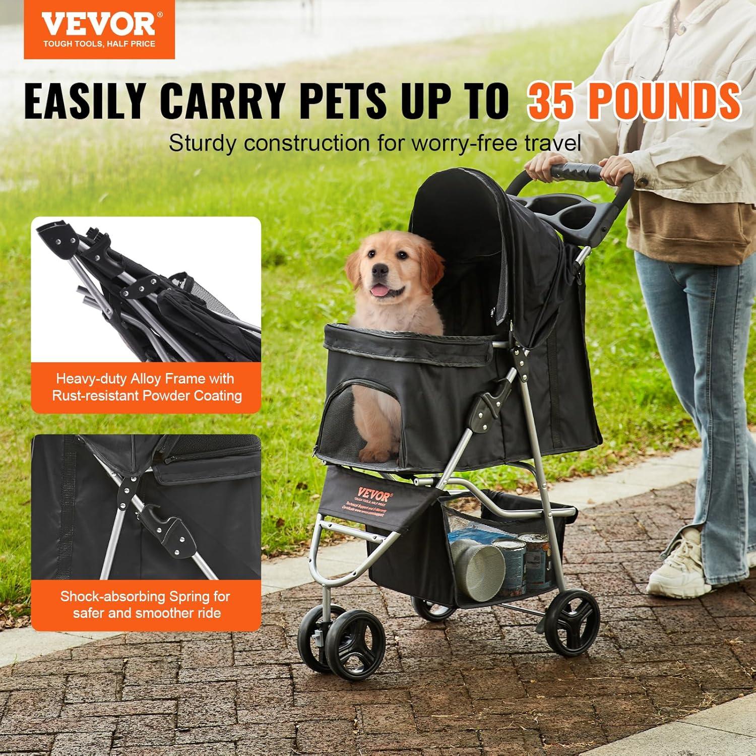 Black 3-Wheel Folding Pet Stroller with Storage Basket