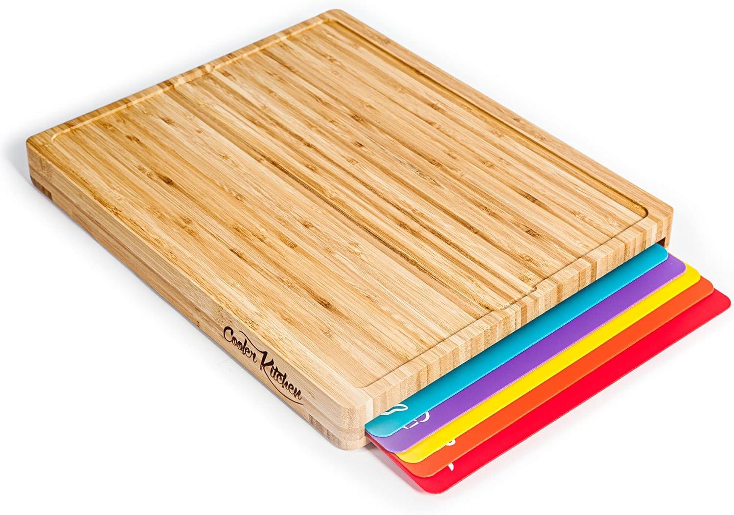 Tabla de Cortar de Madera de Bambú Fácil de Limpiar con Juego de 6 Tapetes de Corte Flexibles Codificados por Colores con Iconos de Comida - Juego de Tabla de Cortar