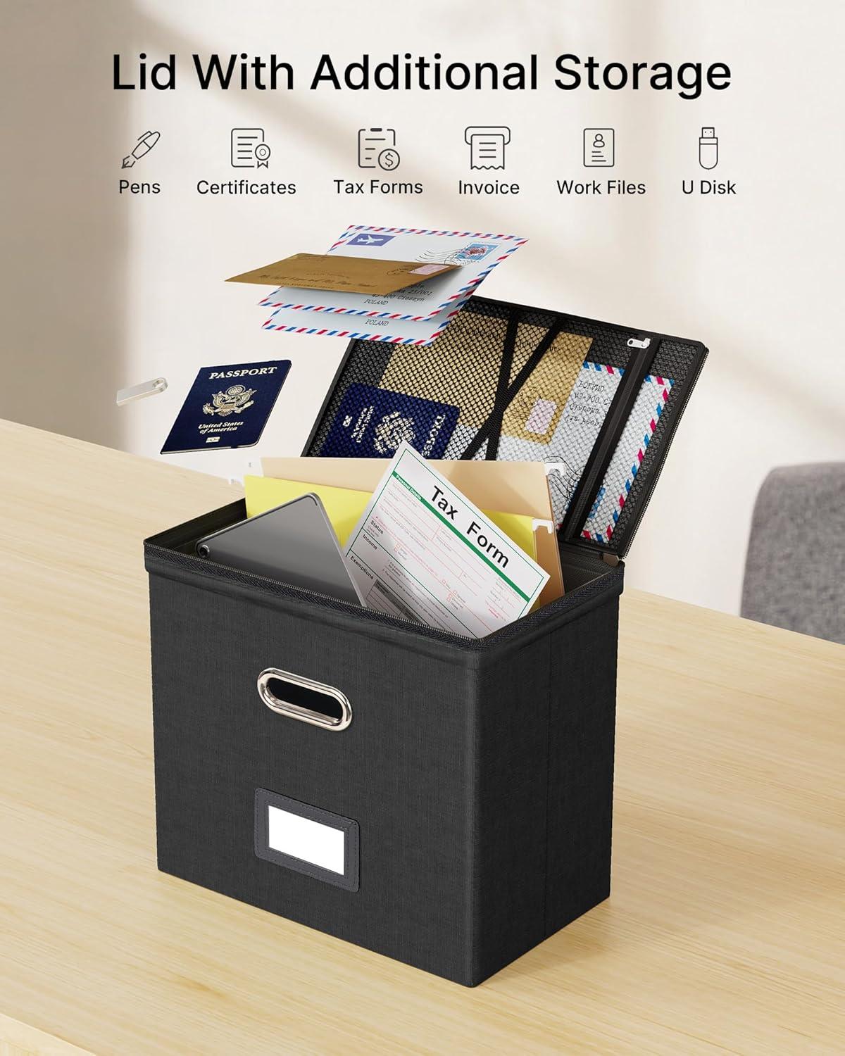 Gijjgole Collapsible Faux Leather Hanging File Folder Box Organizer with lid and Plastic Slides, Black