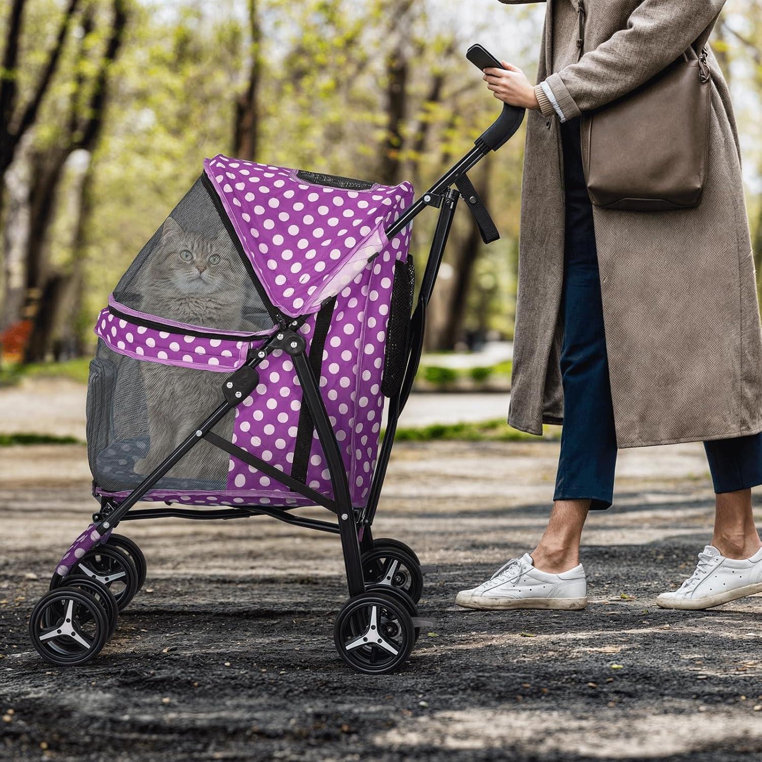 Magshion Foldable Lightweight Pet Trolley for Pet Cats & Dogs, 4 Wheel, Purple with White Polka Dots