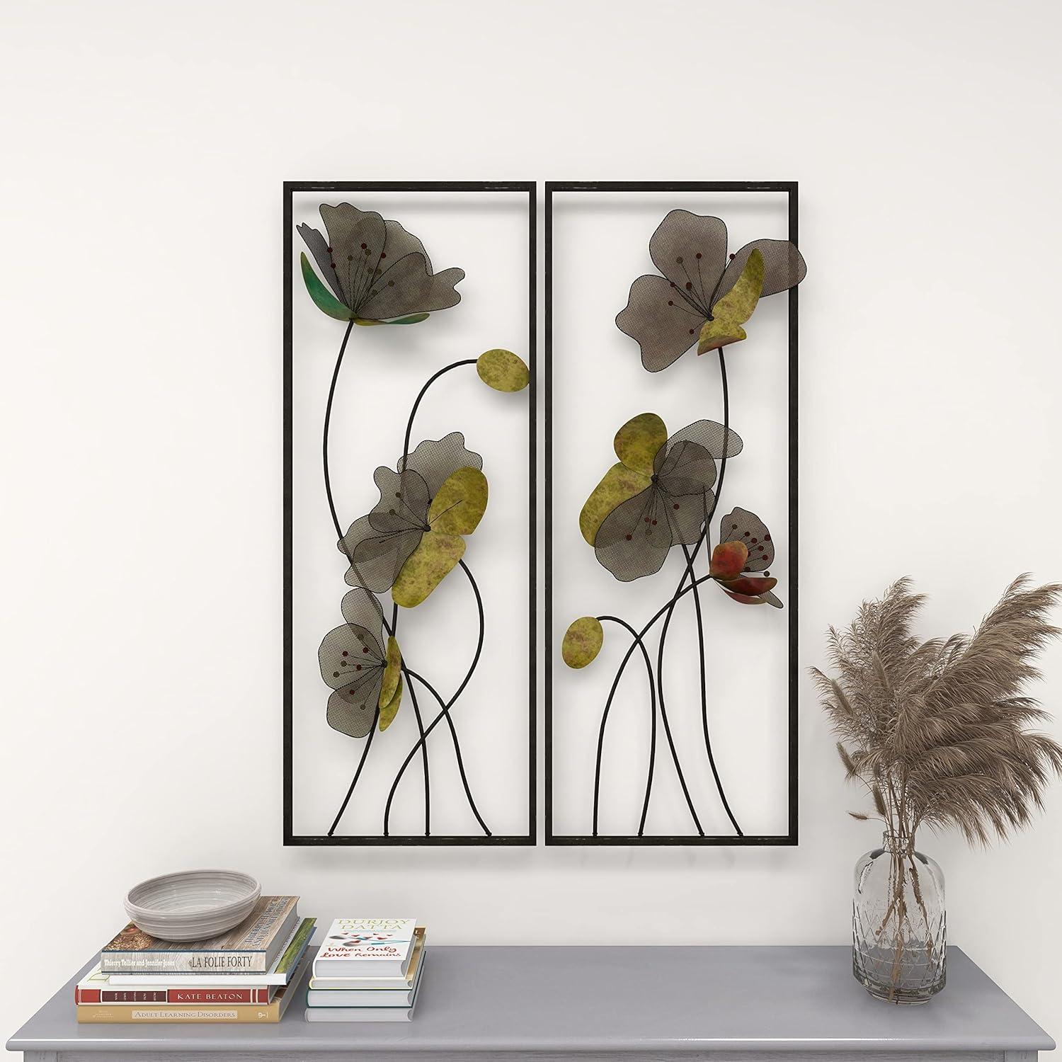 DecMode Black Metal Floral Wall Decor with Black Frame (2 Count)