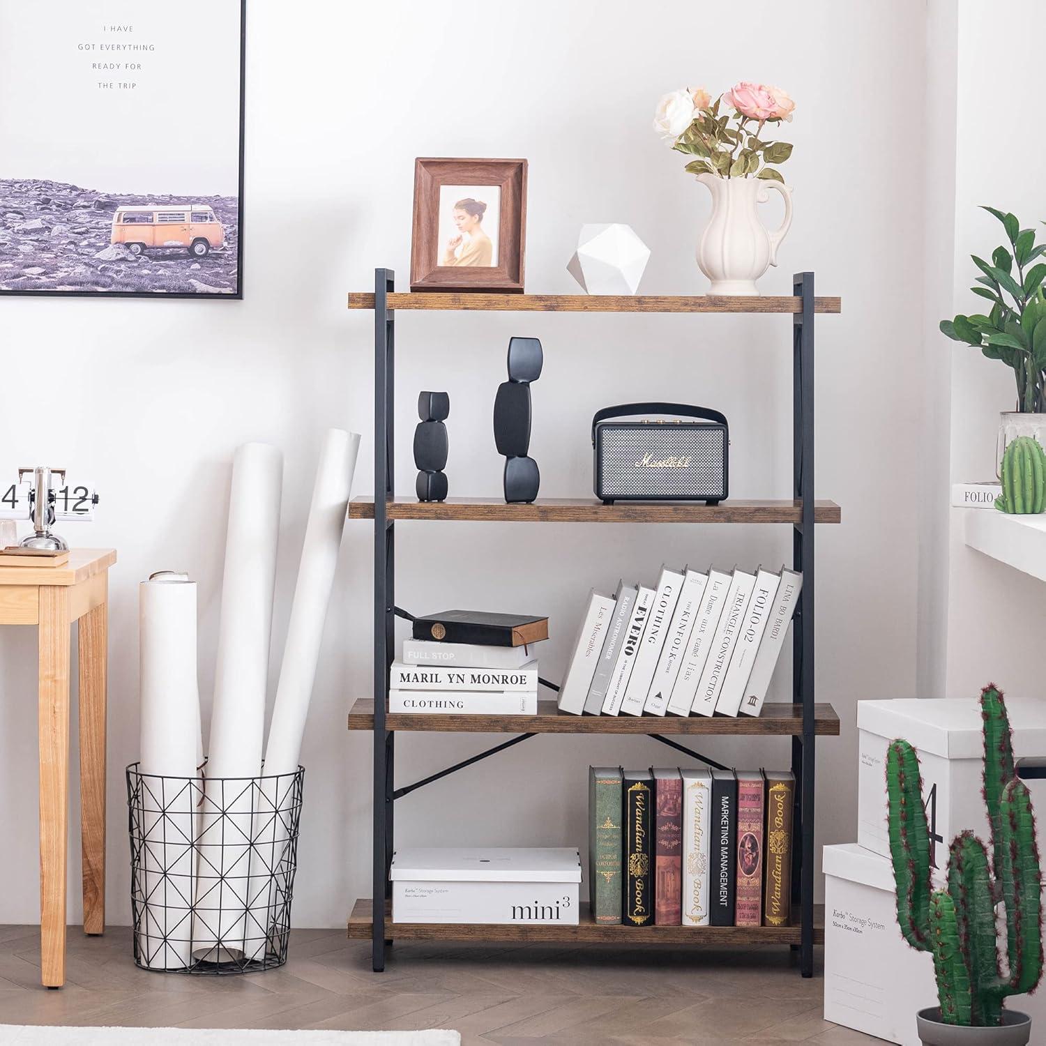 Rustic Brown 4-Tier Wood and Metal Barrister Shelf