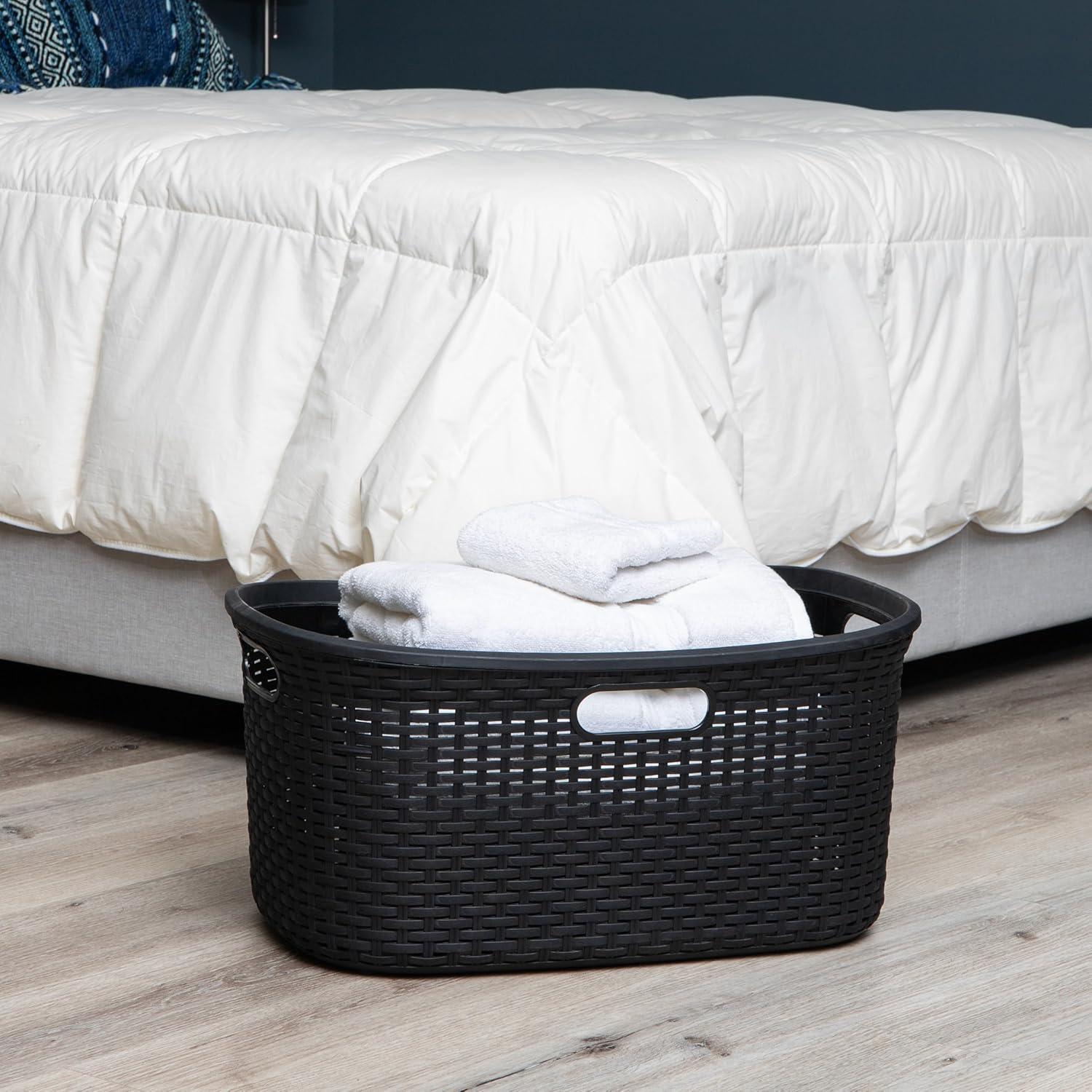 Mind Reader 40L Laundry Basket, Clothes Hamper, Lid, Wicker Design, Plastic, Set of 2, Black