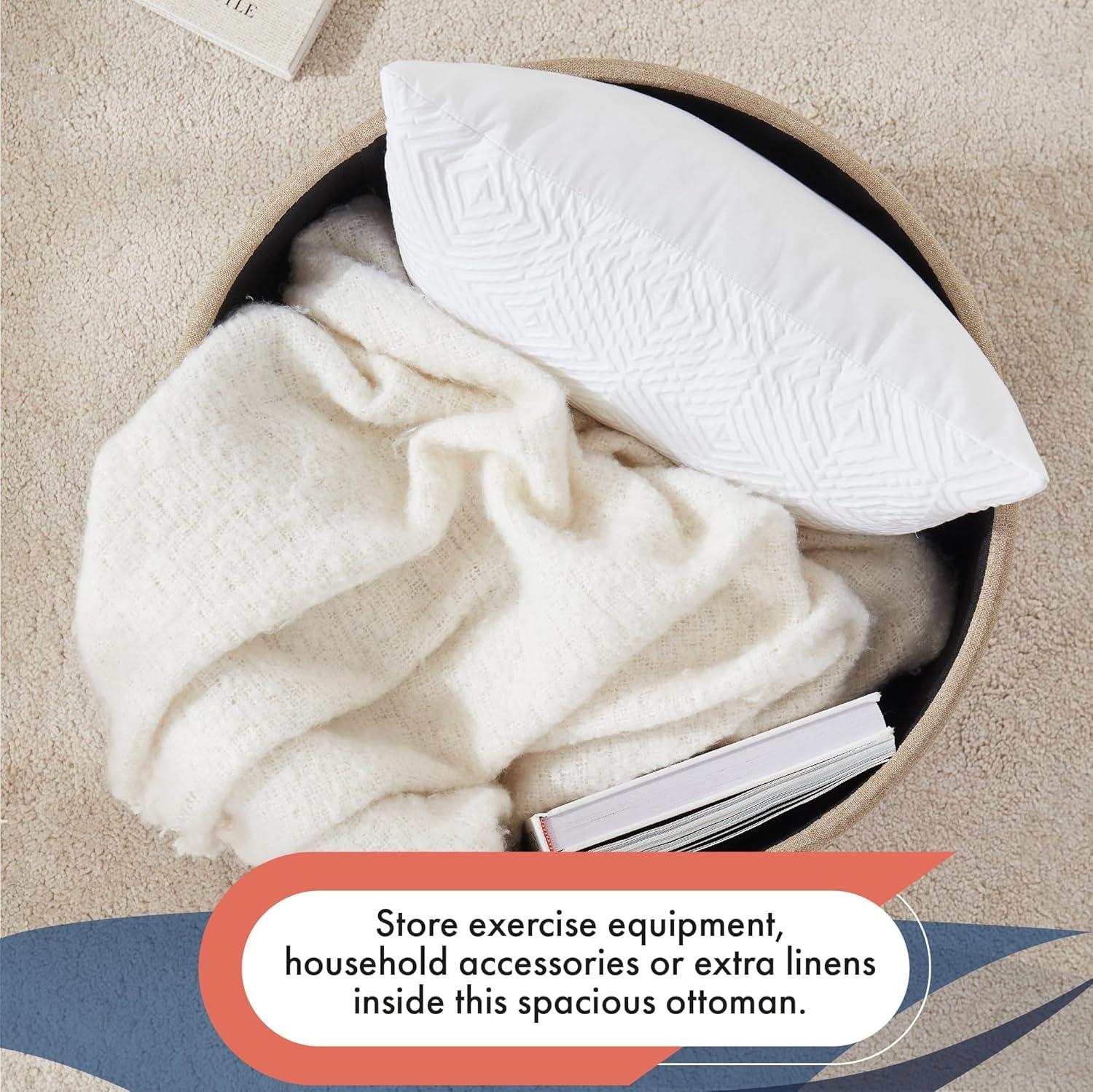 Ornavo Home Linen Upholstered Round Tufted Storage Ottoman with Wooden Legs - Gray