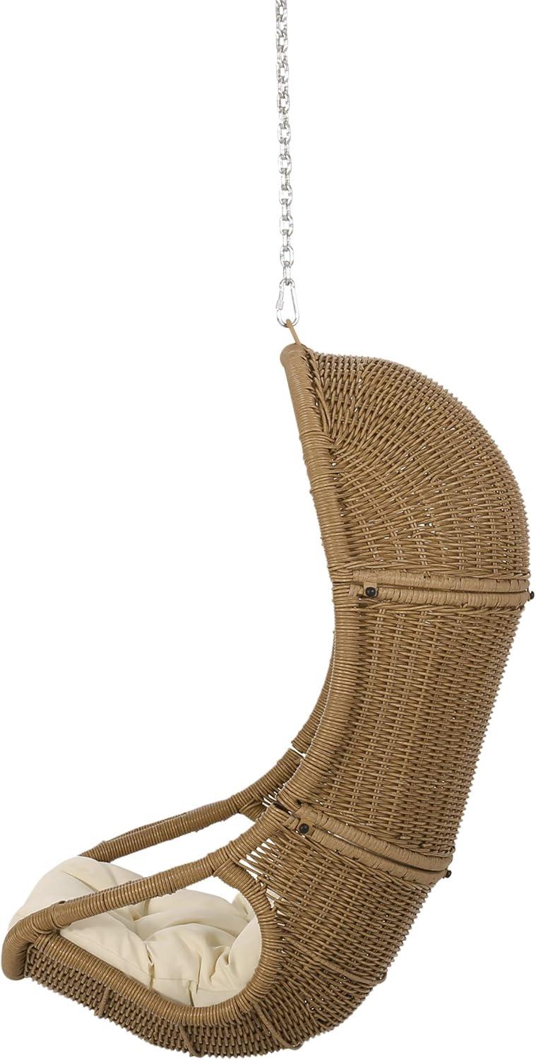 Orville Indoor/Outdoor Wicker Hanging Chair with 8' Chain - Light Brown/Beige - Christopher Knight Home: Polyester, Weather-Resistant