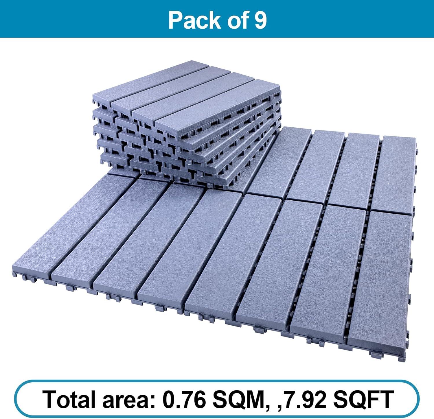 Spurtar Plastic Interlocking Deck Tiles 9 Pack (11.3"x11.3"), Decking Tiles Outdoor Waterproof for All Weather Use - Suitable for Patio Garden Poolside Front/Back Yard Porch Pool Balcony Backyard Grey