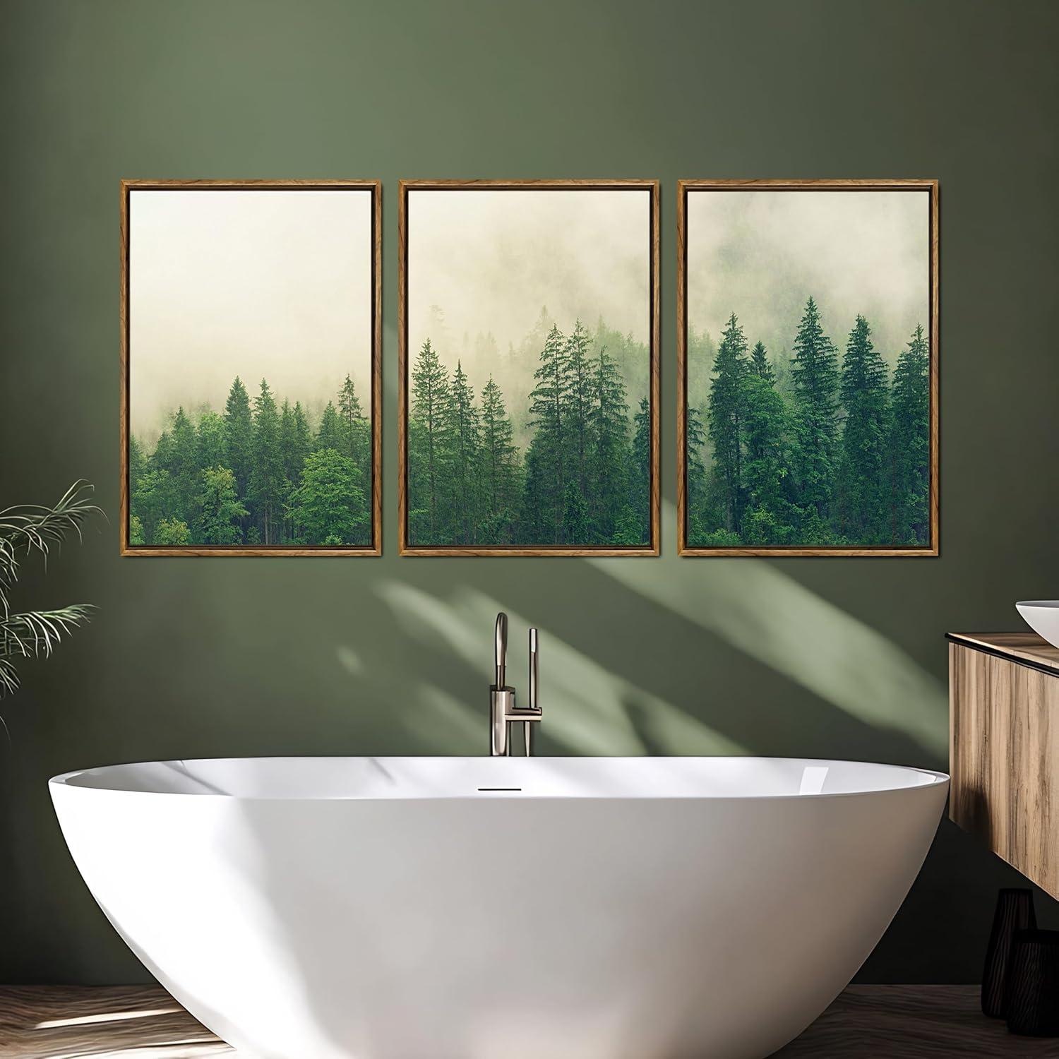 Misty Forest Landscape Green Pine Tree Nature Modern Pictures Framed Canvas 3 Pieces Print Wall Art