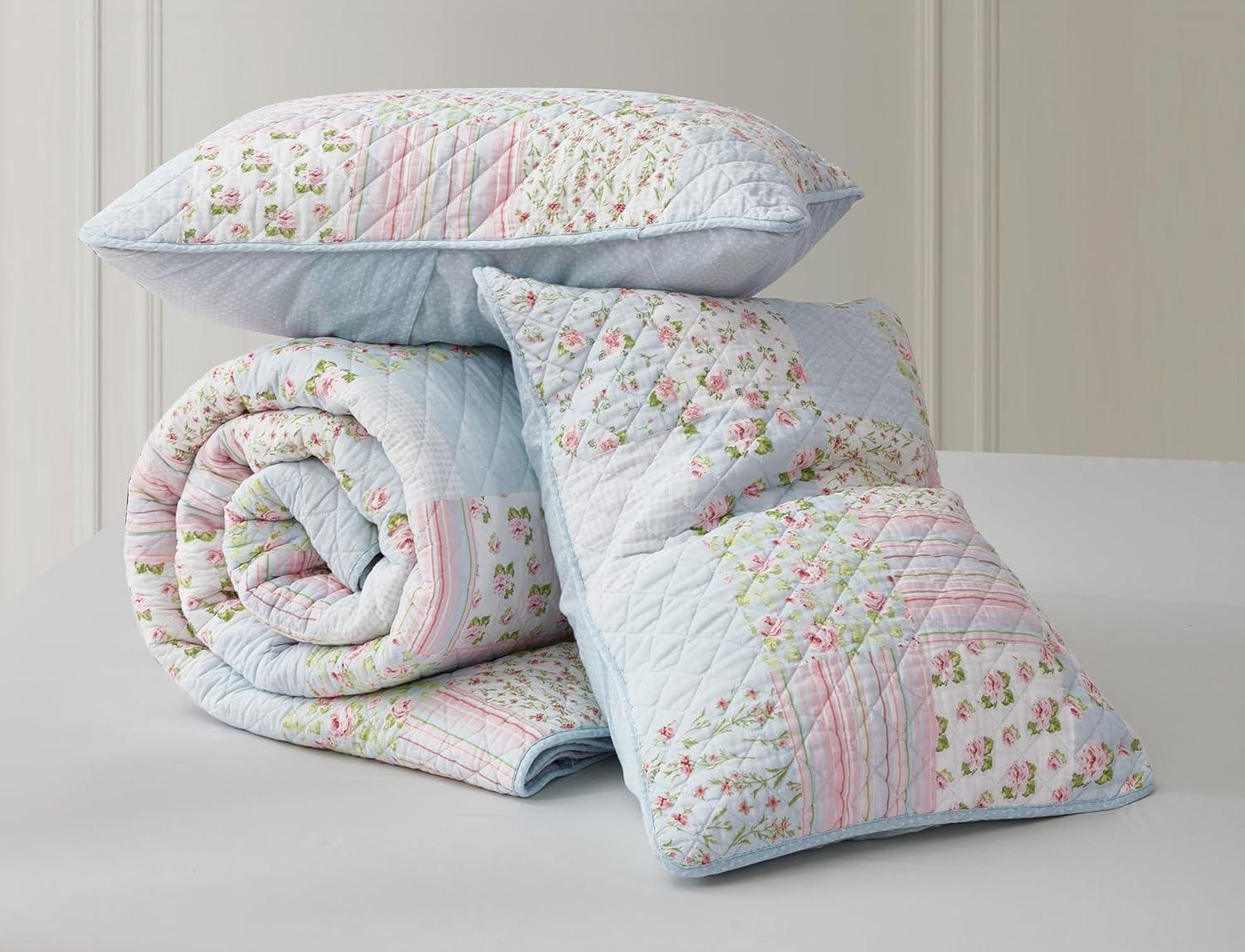 Chezmoi Collection Holly 3-Piece Stone-washed Cotton Quilt Set King Size - Printed Floral Patchwork Soft Breathable Lightweight Bedspread Set