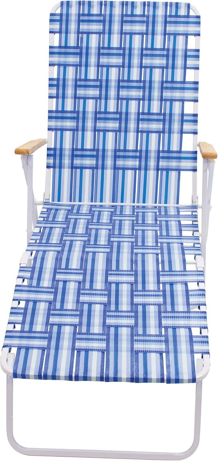 Blue and White Folding Web Chaise Lounge Chair with Wooden Arms