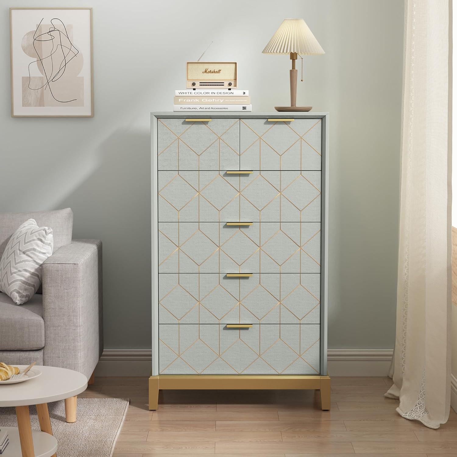 33.7"H Wooden Gold Lines Dressers Chest of drawers 3 Layers 6 Drawers for Bedroom, Entryway, Dressingroom,Green