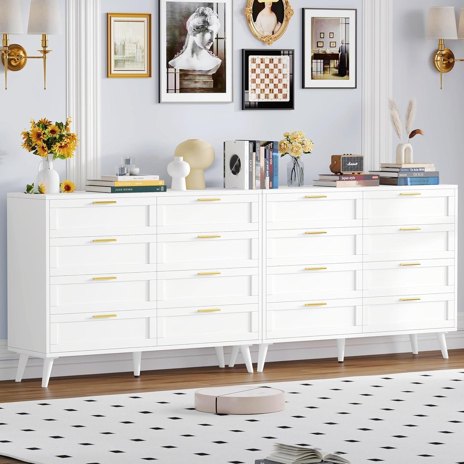 White 8-Drawer Double Dresser with Golden Handles