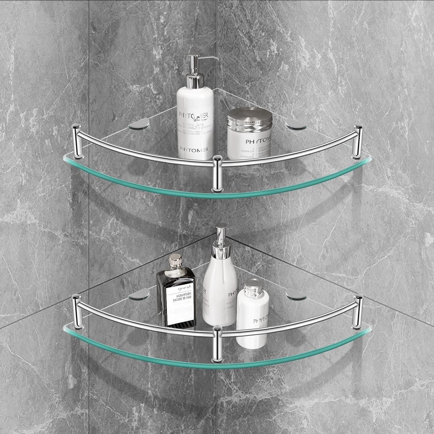 Tempered Glass Corner Shower Shelf with Stainless Steel Rail