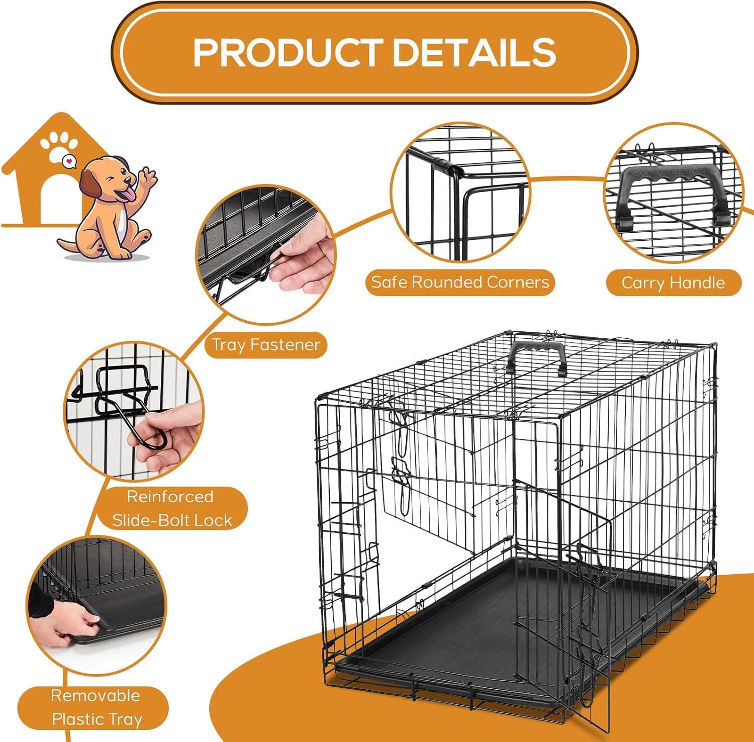 EDX Small Dog Crate with Divider Panel, 24" Double Door Folding Metal Wire Dog Cage with Plastic Leak-Proof Pan Tray