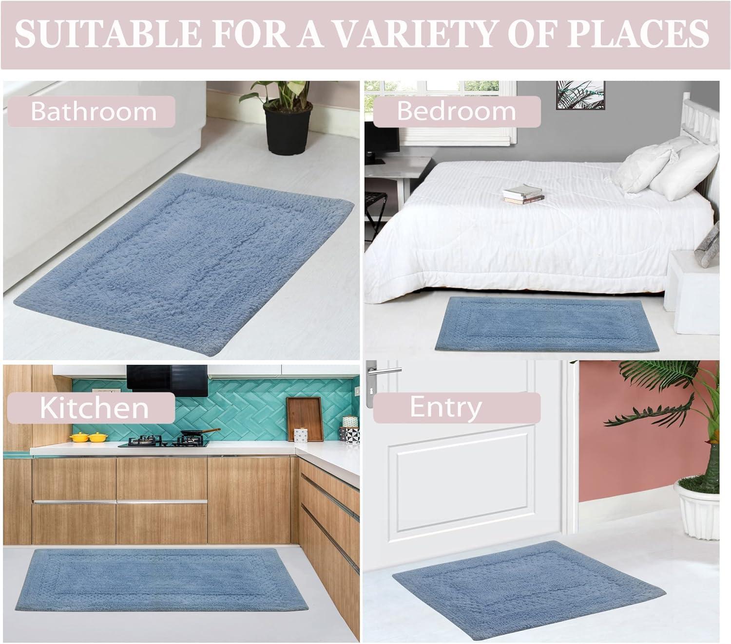 Blue Tufted Cotton Non-Slip Bath Mat Set