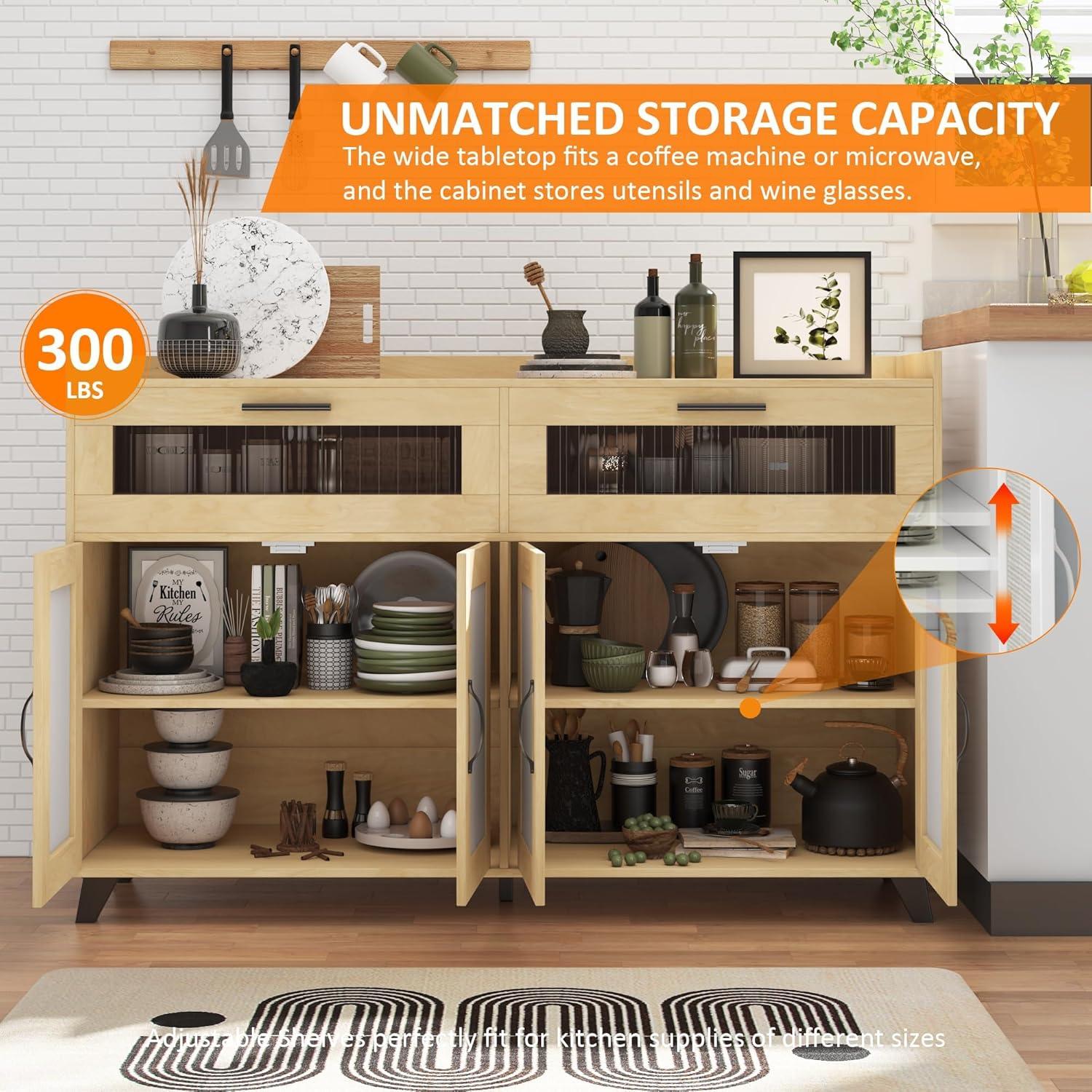 Garvee Sideboard Buffet Cabinet with Power Outlet & LED Light - Kitchen Storage Cabinet with 2 Fluted Acrylic Drawers & 4 Rattan Doors, Pink