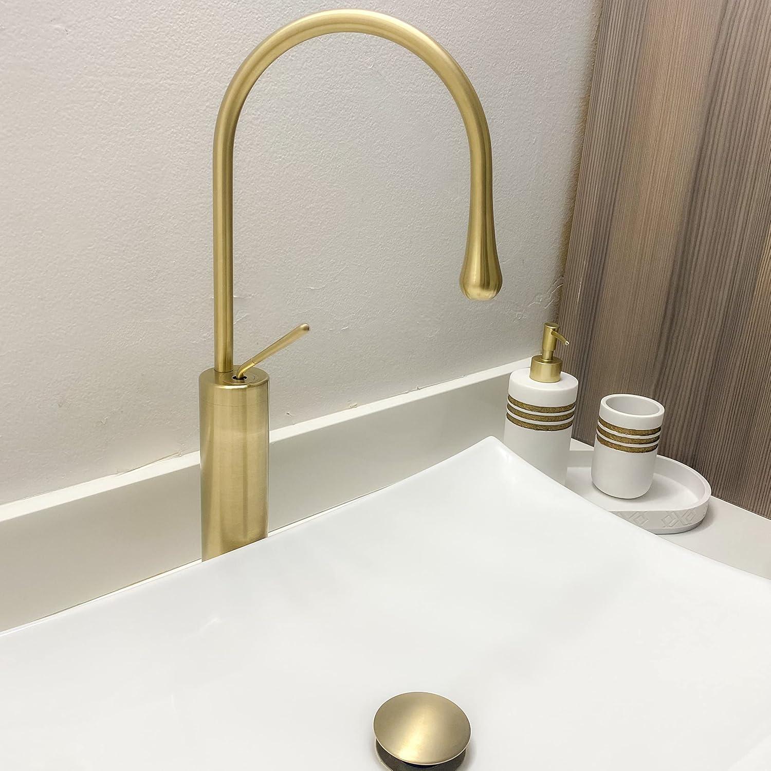 Brushed Gold Tall Brass Bathroom Faucet with Pop-Up Drain