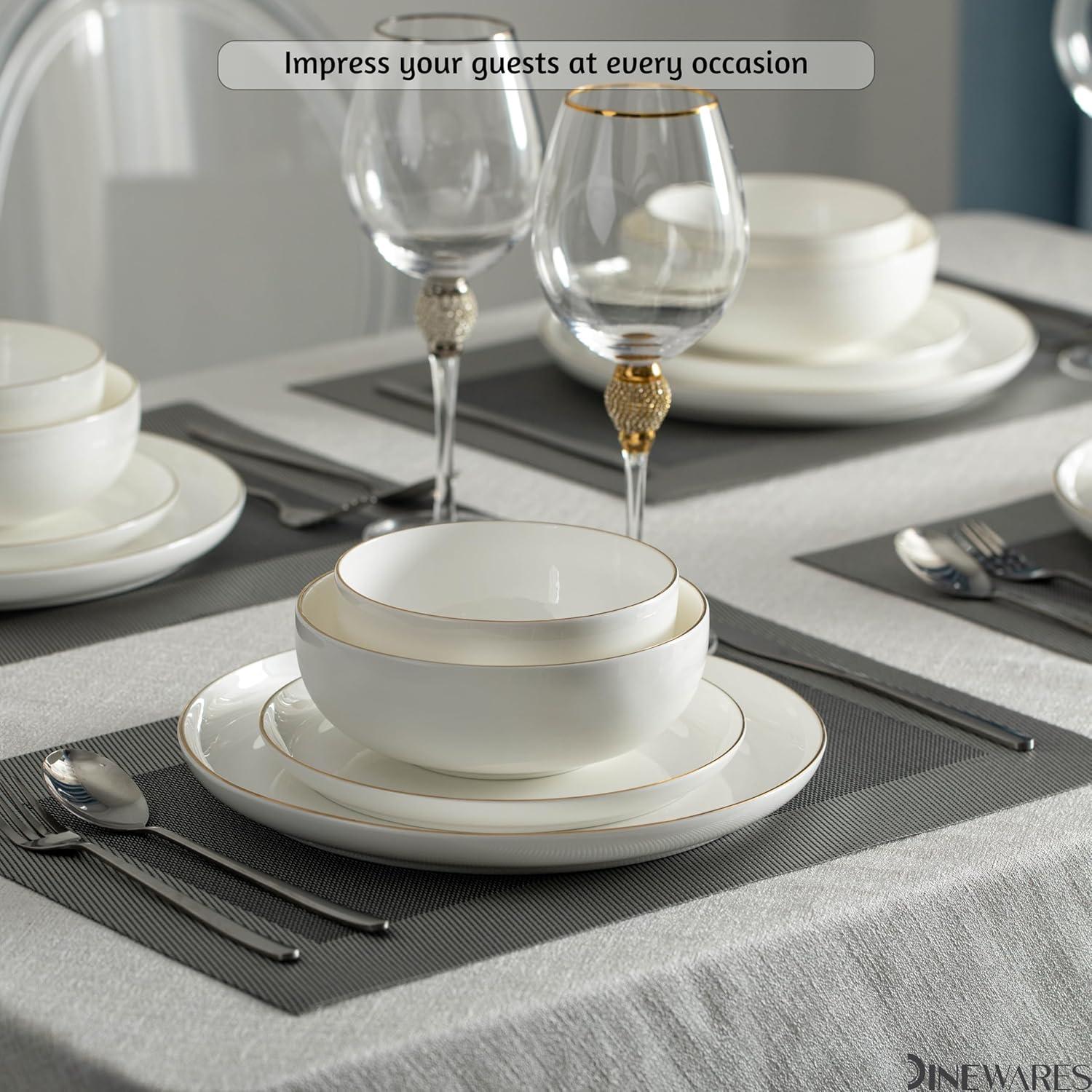 Dinewares White with Gold Rim Bone China Dinnerware Set - Service for 8, Includes Dinner Plates, Salad Plates, and Cereal or Soup Bowls