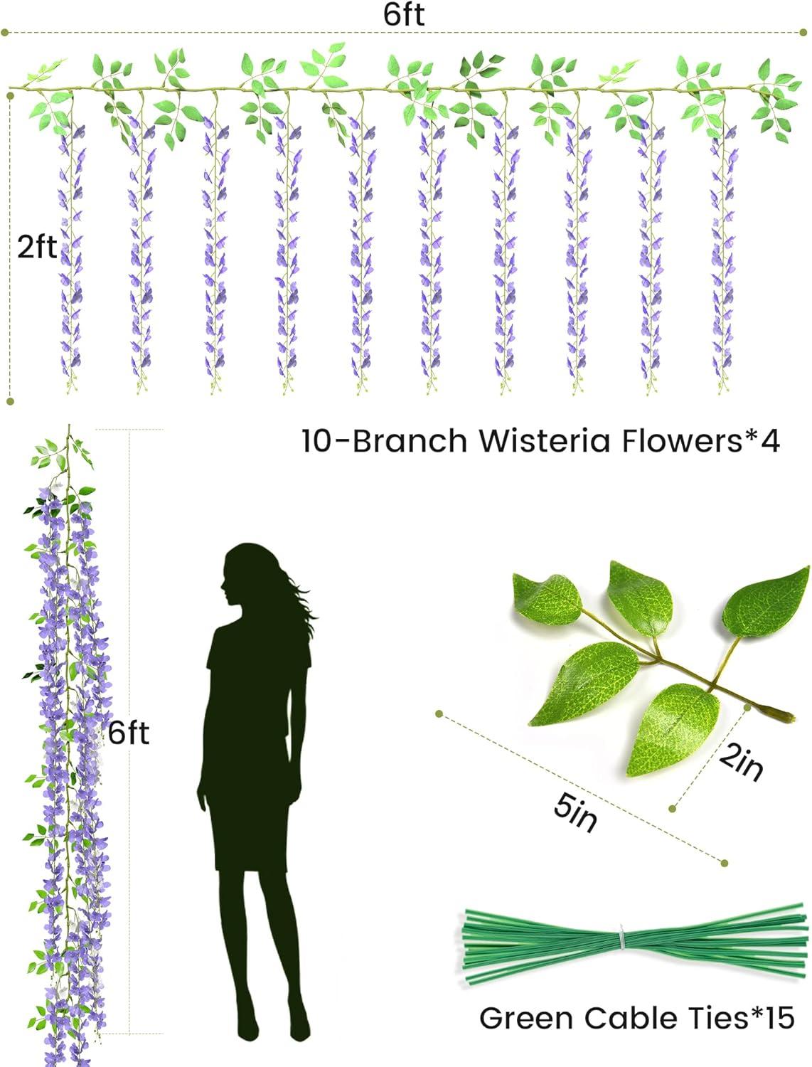 JACKYLED 40 Branches Wisteria Hanging Flowers 6 Feet Artificial White Vine Silk Wisteria Flowers Garland for Wedding Arch Party Garden Home Decor (4 Packs)