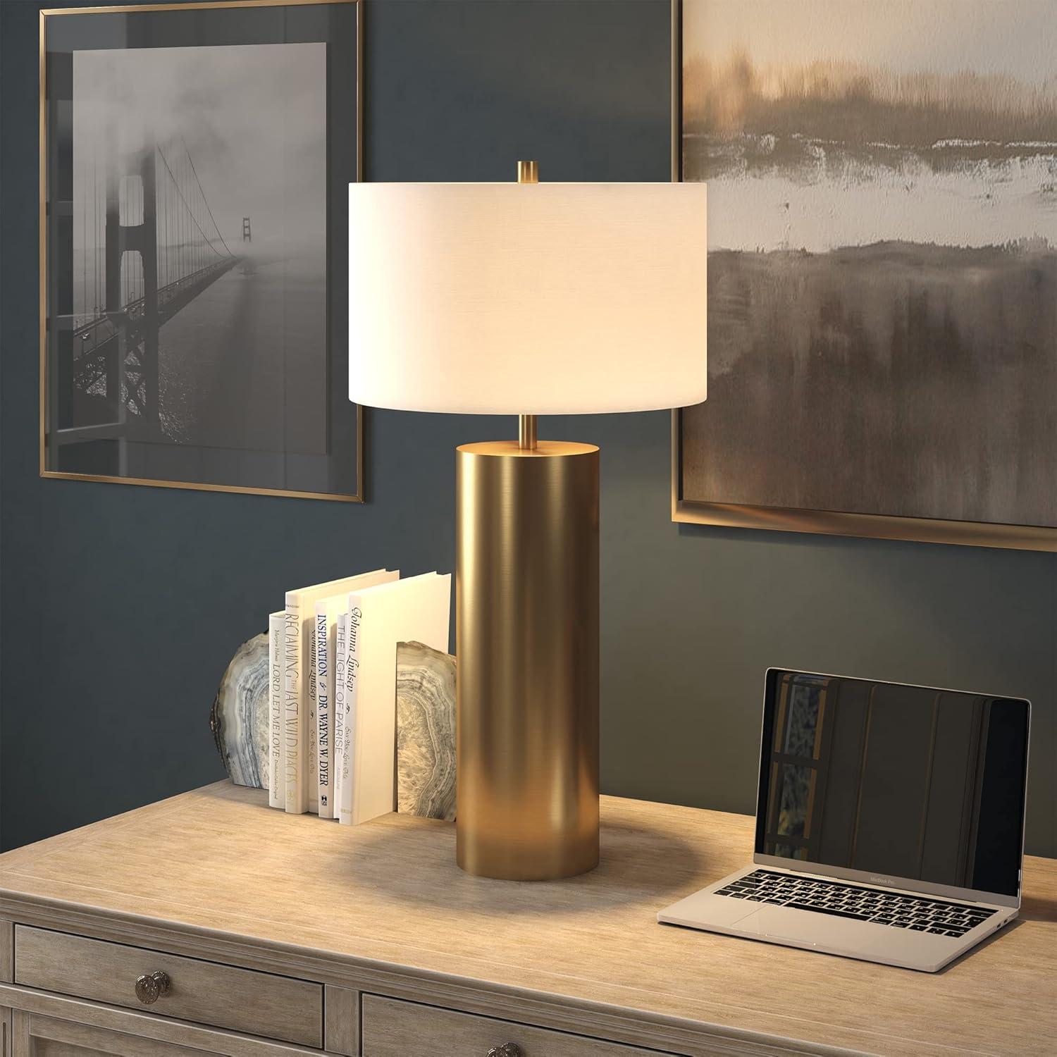 Evelyn&Zoe York 29.5" Mid-Century Modern Metal Table Lamp with White Drum Fabric Shade