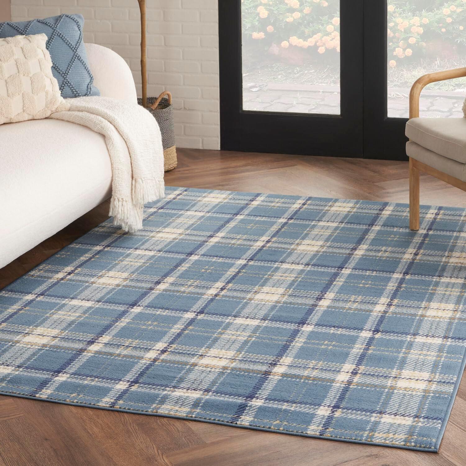 Blue Plaid 5' x 7' Hand-Knotted Synthetic Reversible Rug