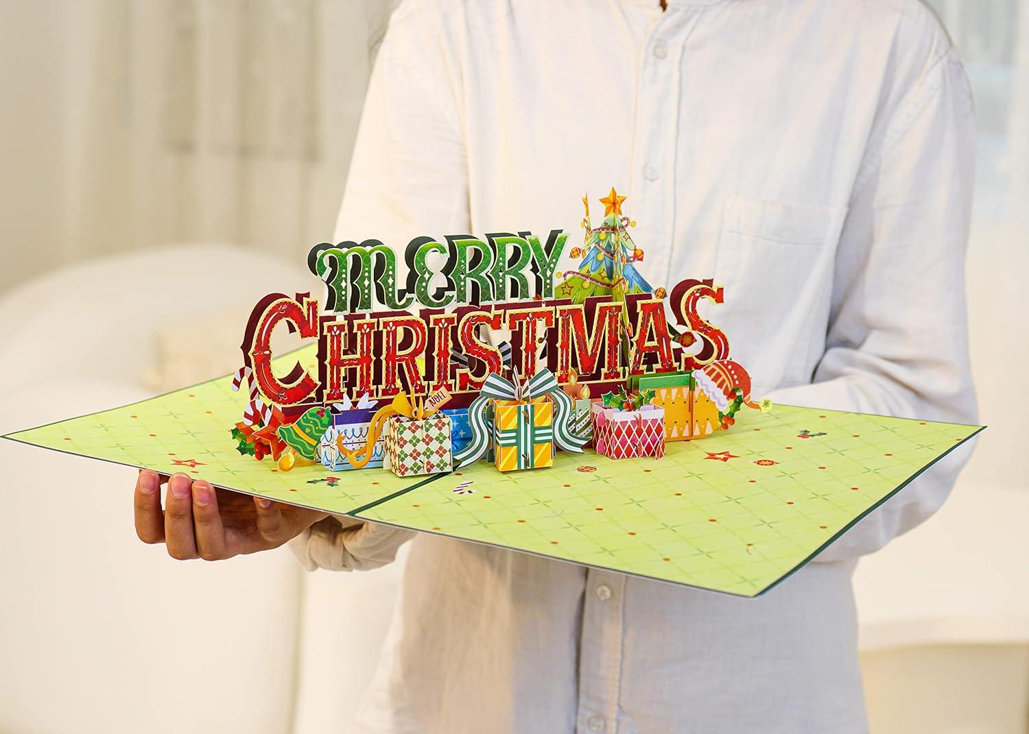 Paper Love HugePop 3D Merry Christmas Card Pop Up, Jumbo Holiday Decoration Gift, 10" x 14" Cover - Includes Envelope and Note Tag