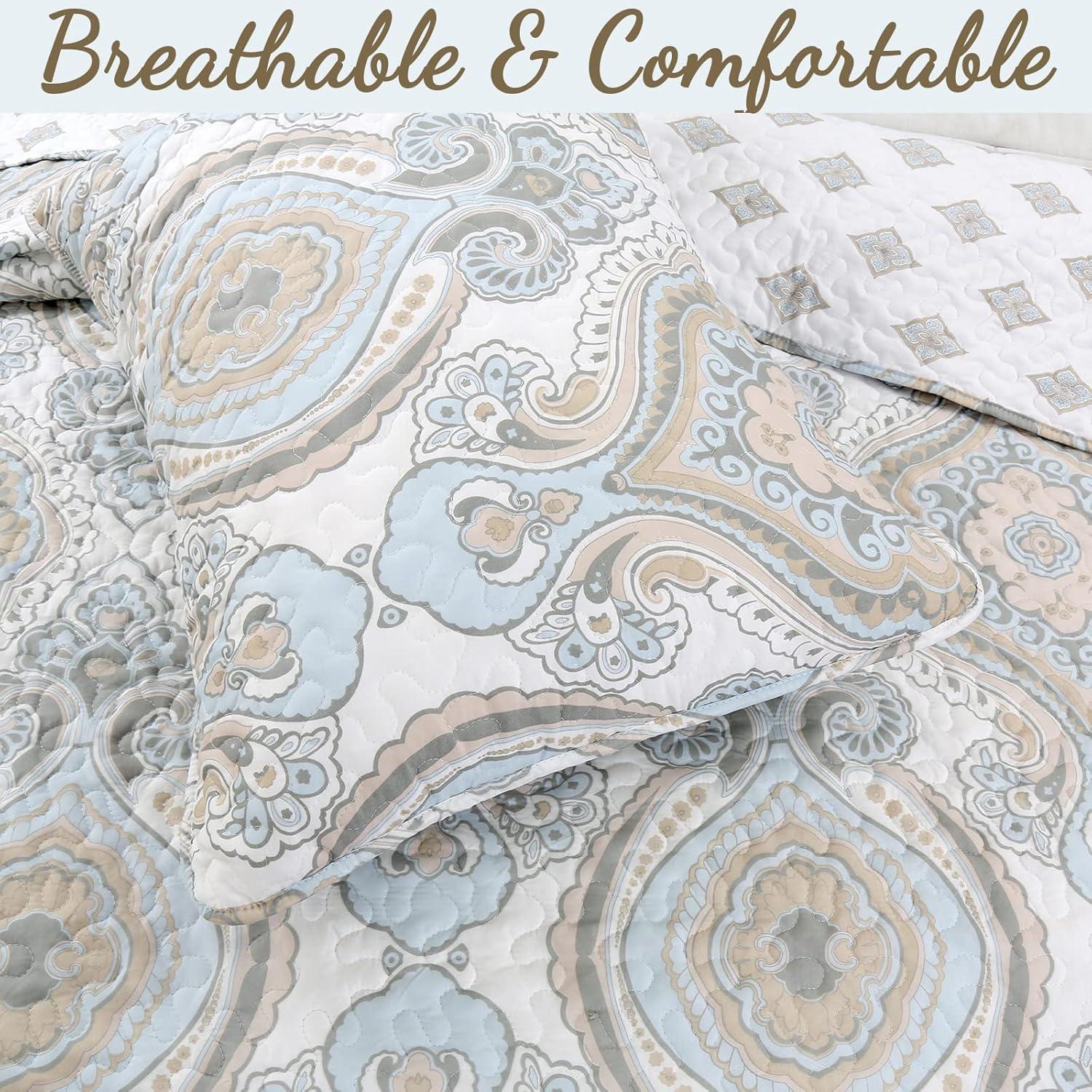 Cozy Line Home Fashion Modern Medallion Sky Blue Tan Gray Brocade Geometric Shapes Quilt Set