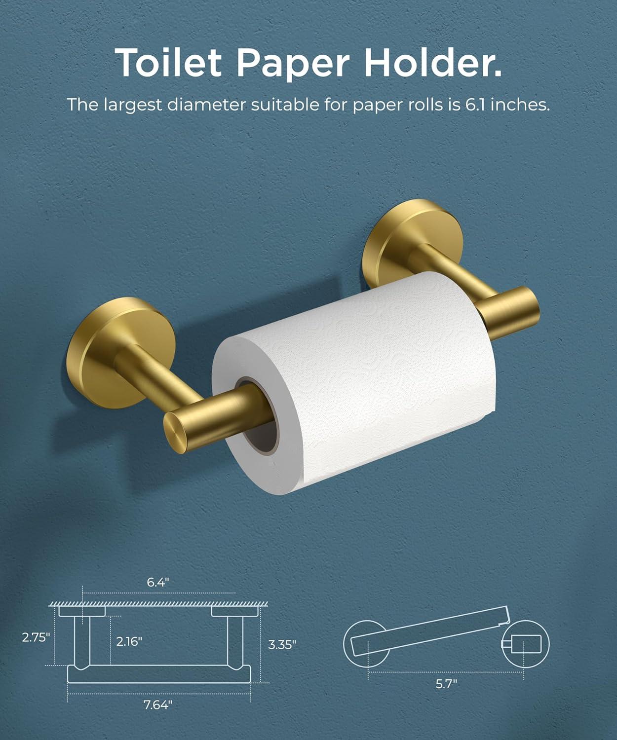 MOGFCT Toilet Paper Holder Brushed Gold Wall Mounted, Double Post Pivoting Toilet Paper Holder SUS 304 Stainless Steel Bathroom